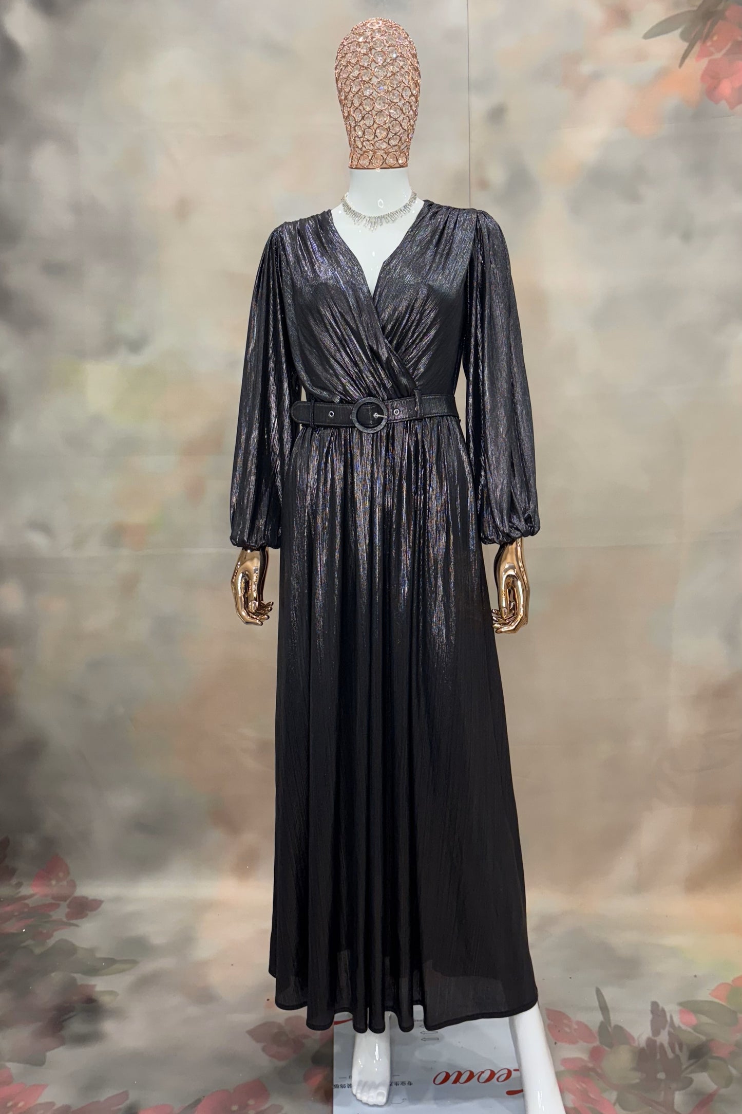 Midnight Glimmer – Black Metallic Pleated Gown with Belt