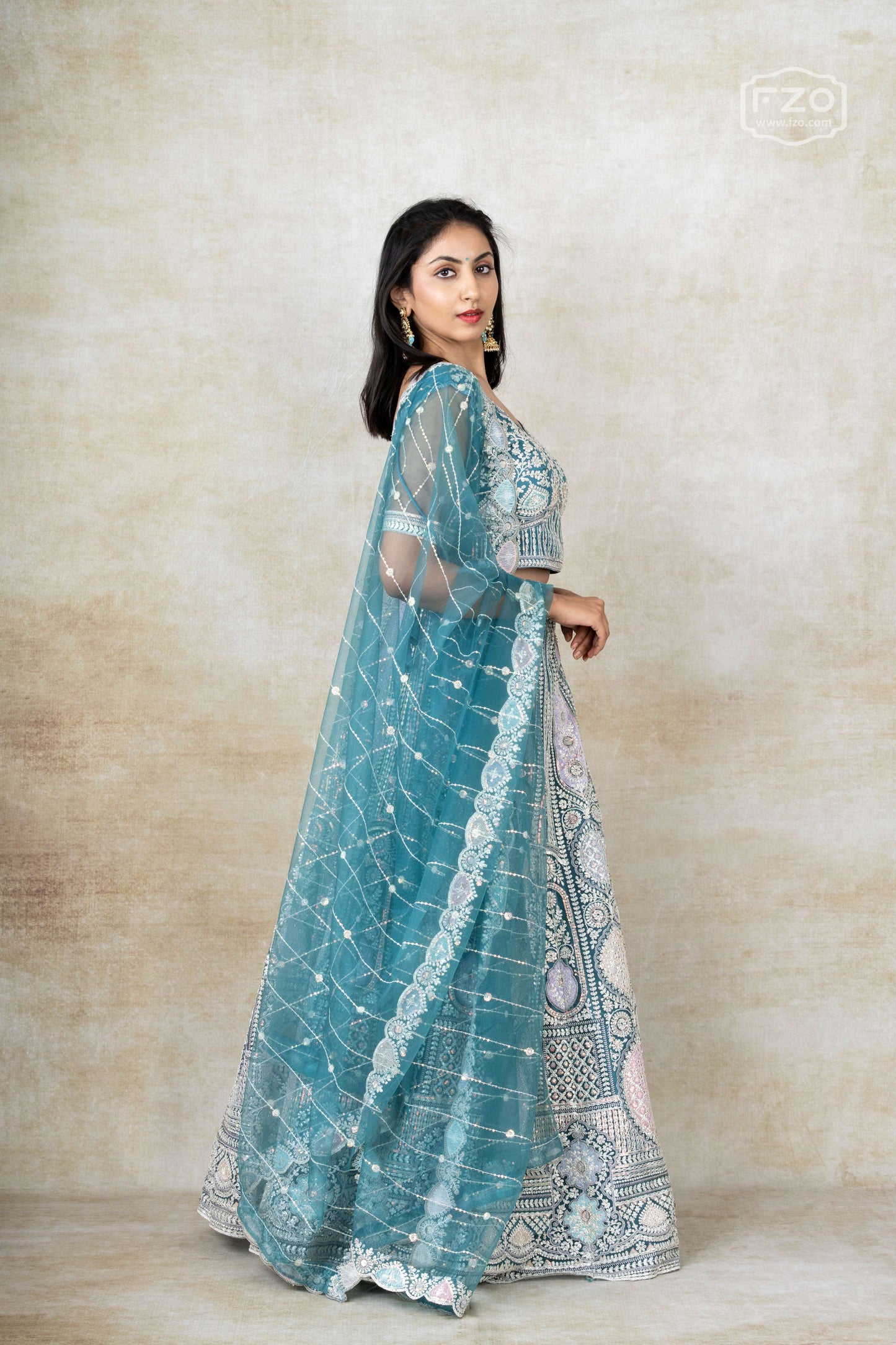 Aqua Elan – Teal Blue Mirror Embroidered Lehenga Set
