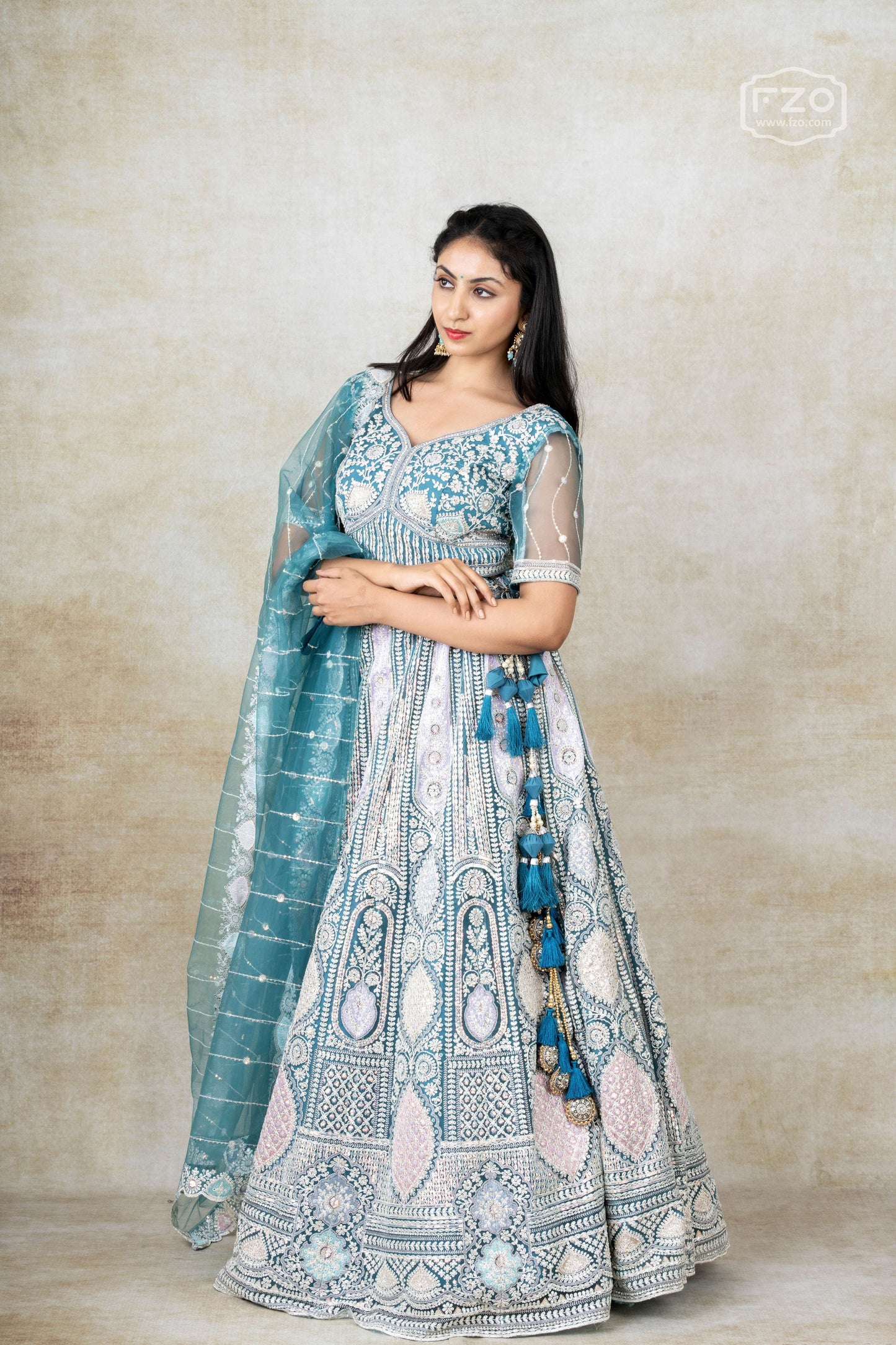 Aqua Elan – Teal Blue Mirror Embroidered Lehenga Set