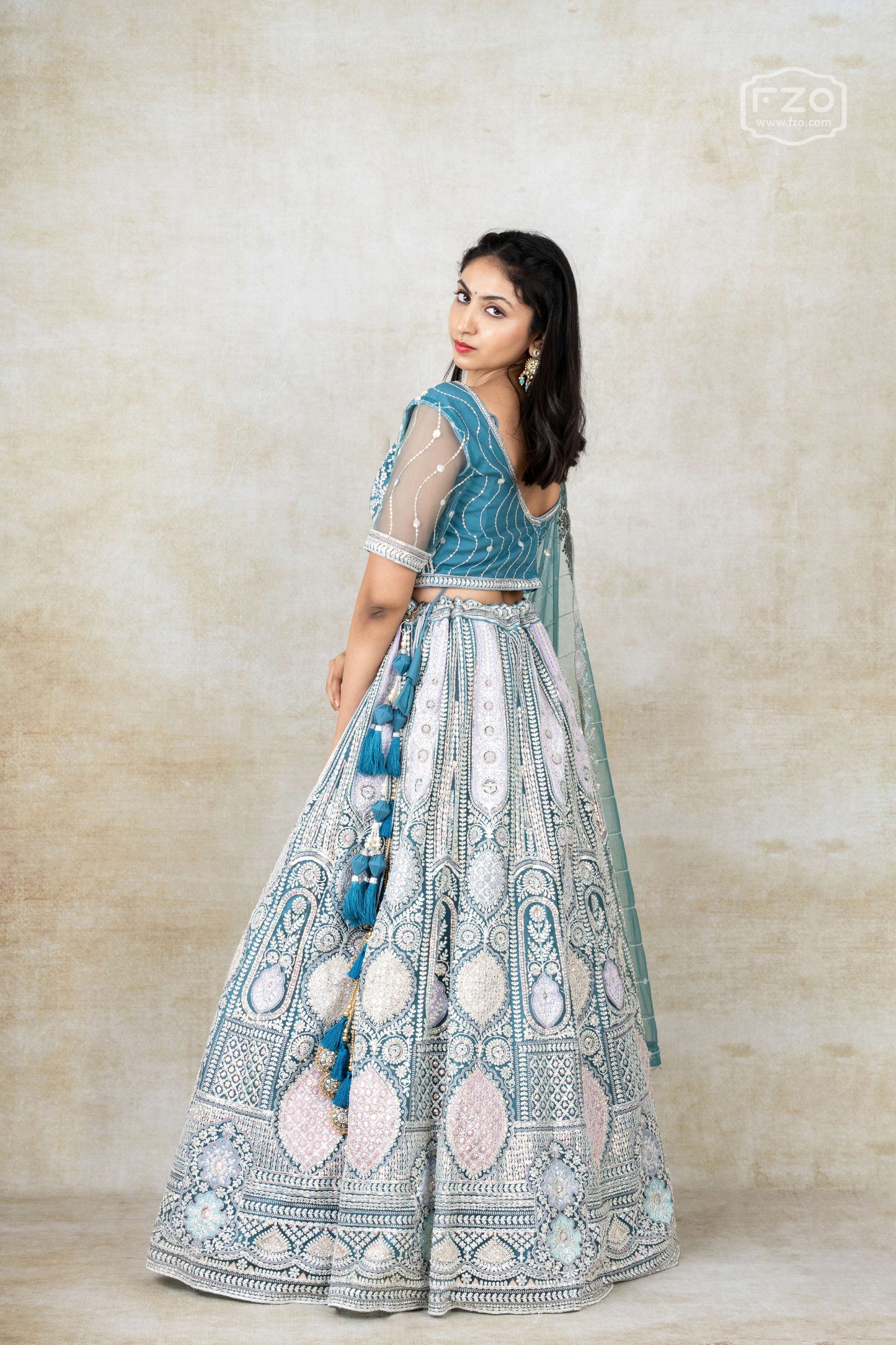 Aqua Elan – Teal Blue Mirror Embroidered Lehenga Set