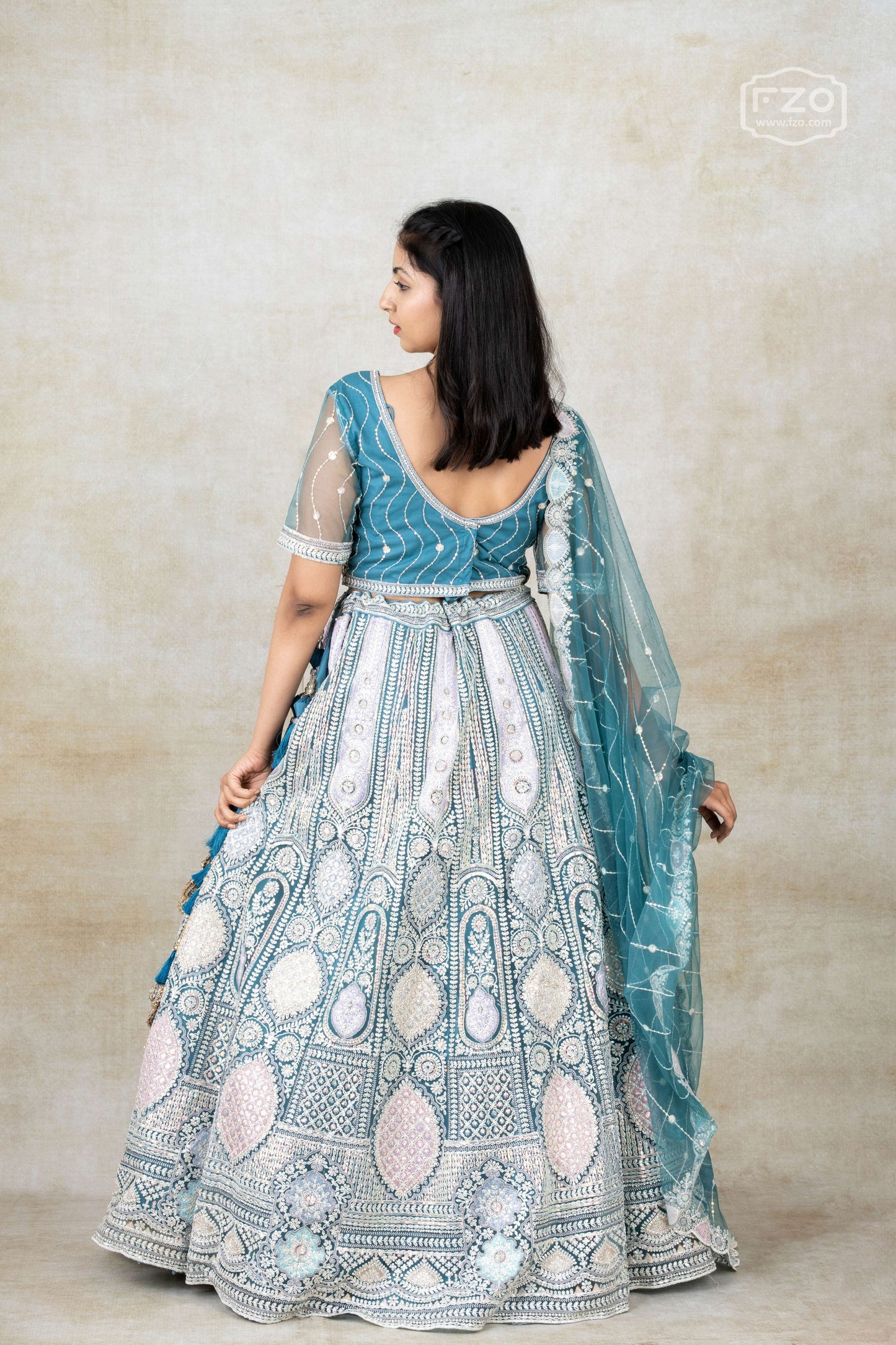 Aqua Elan – Teal Blue Mirror Embroidered Lehenga Set