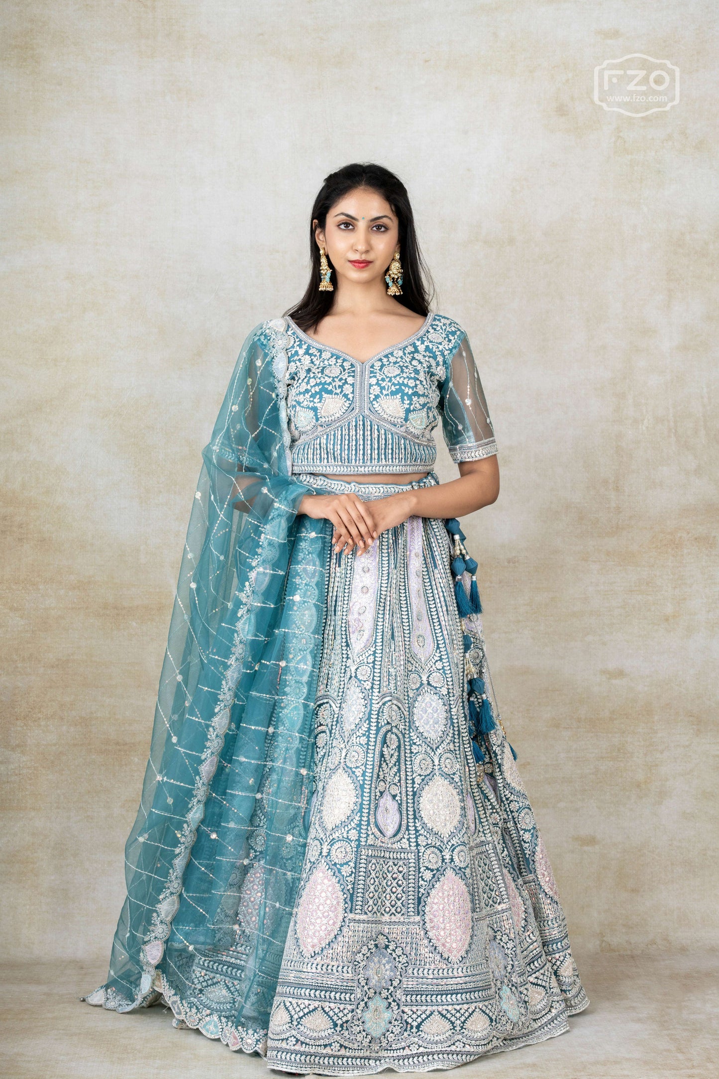 Aqua Elan – Teal Blue Mirror Embroidered Lehenga Set