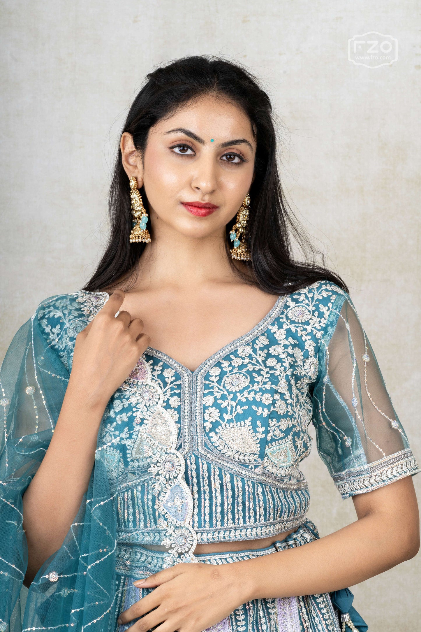 Aqua Elan – Teal Blue Mirror Embroidered Lehenga Set
