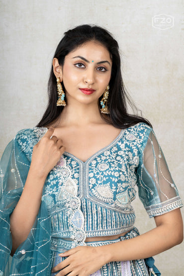 Aqua Elan – Teal Blue Mirror Embroidered Lehenga Set