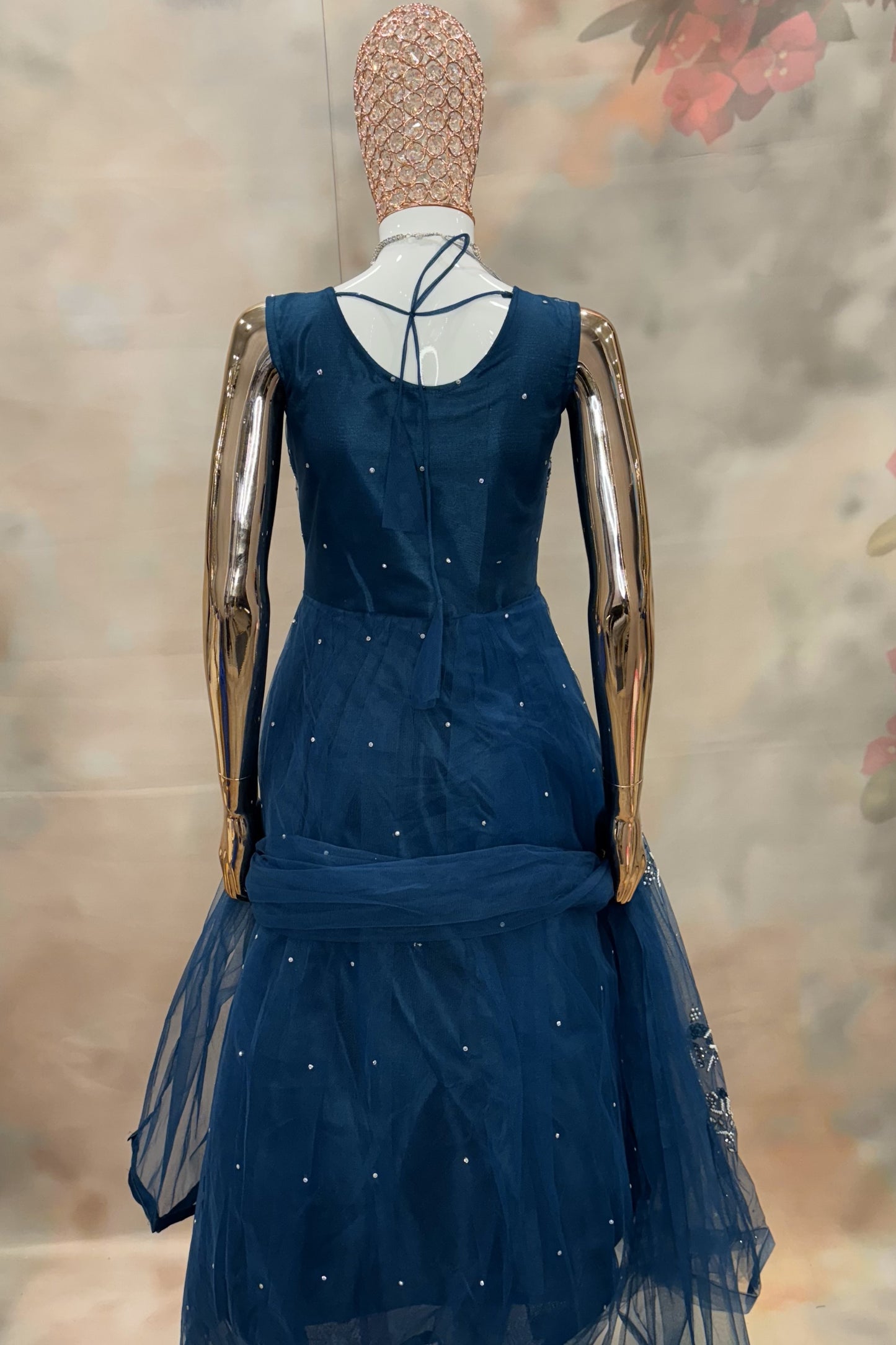 Navy Blue Net Gown with Silver Embellishments