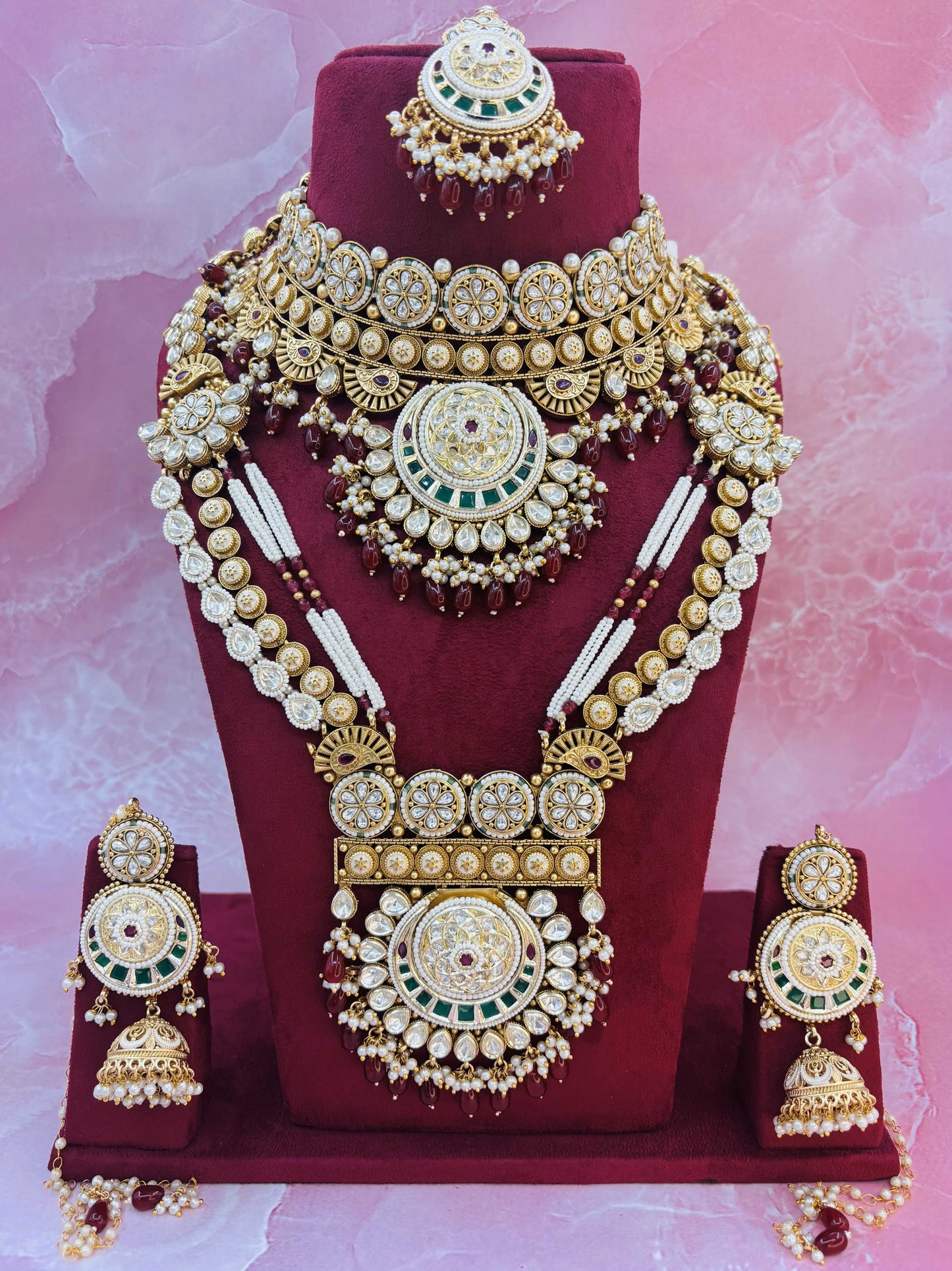 Grand Polki Bridal Set with Layered Necklace, Choker & Jhumkas