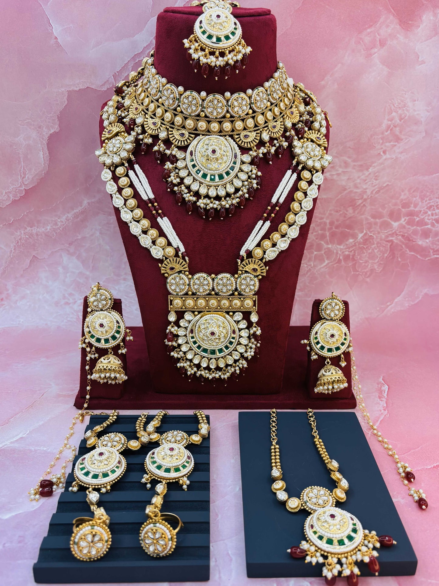 Grand Polki Bridal Set with Layered Necklace, Choker & Jhumkas