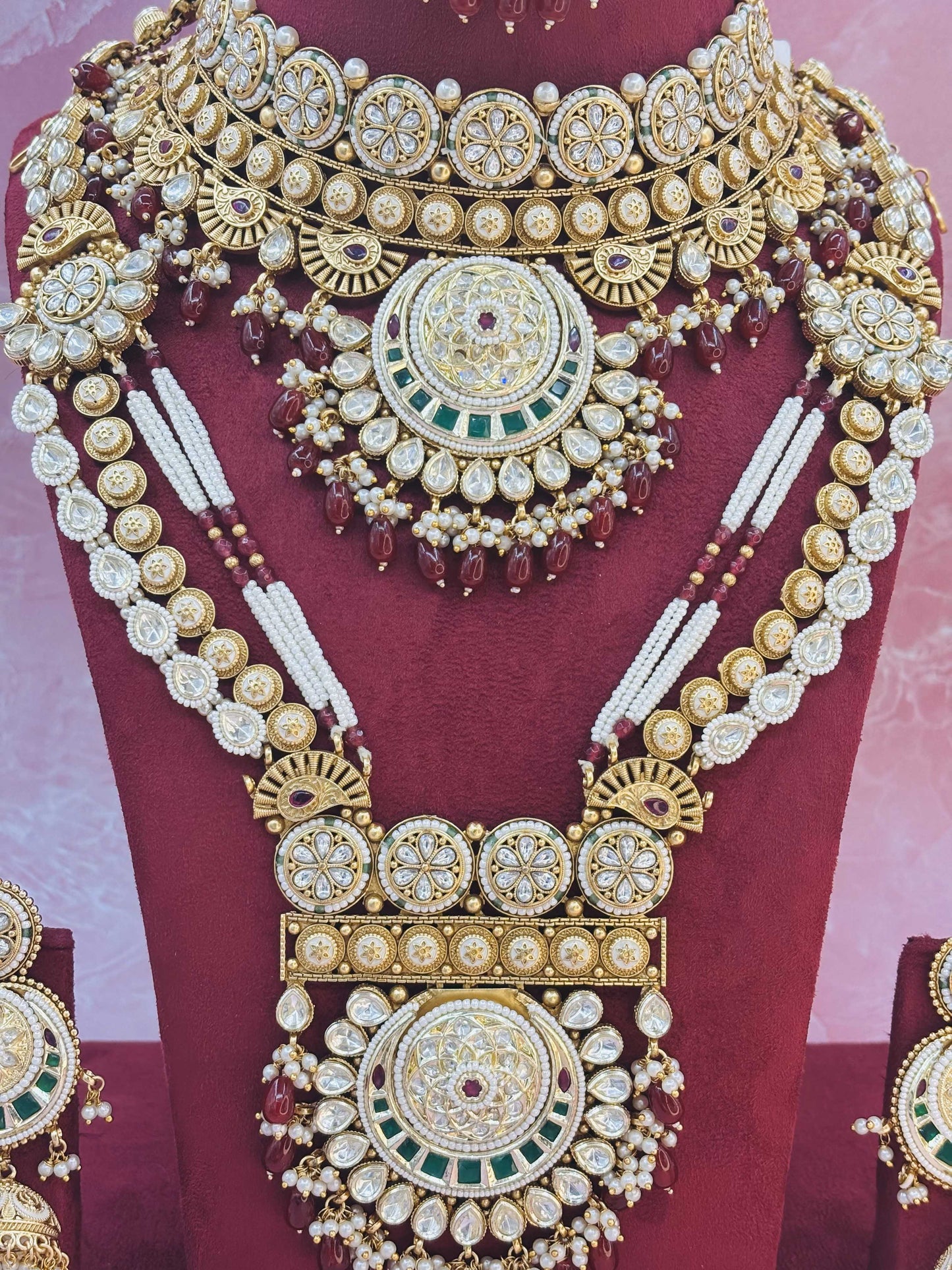 Grand Polki Bridal Set with Layered Necklace, Choker & Jhumkas