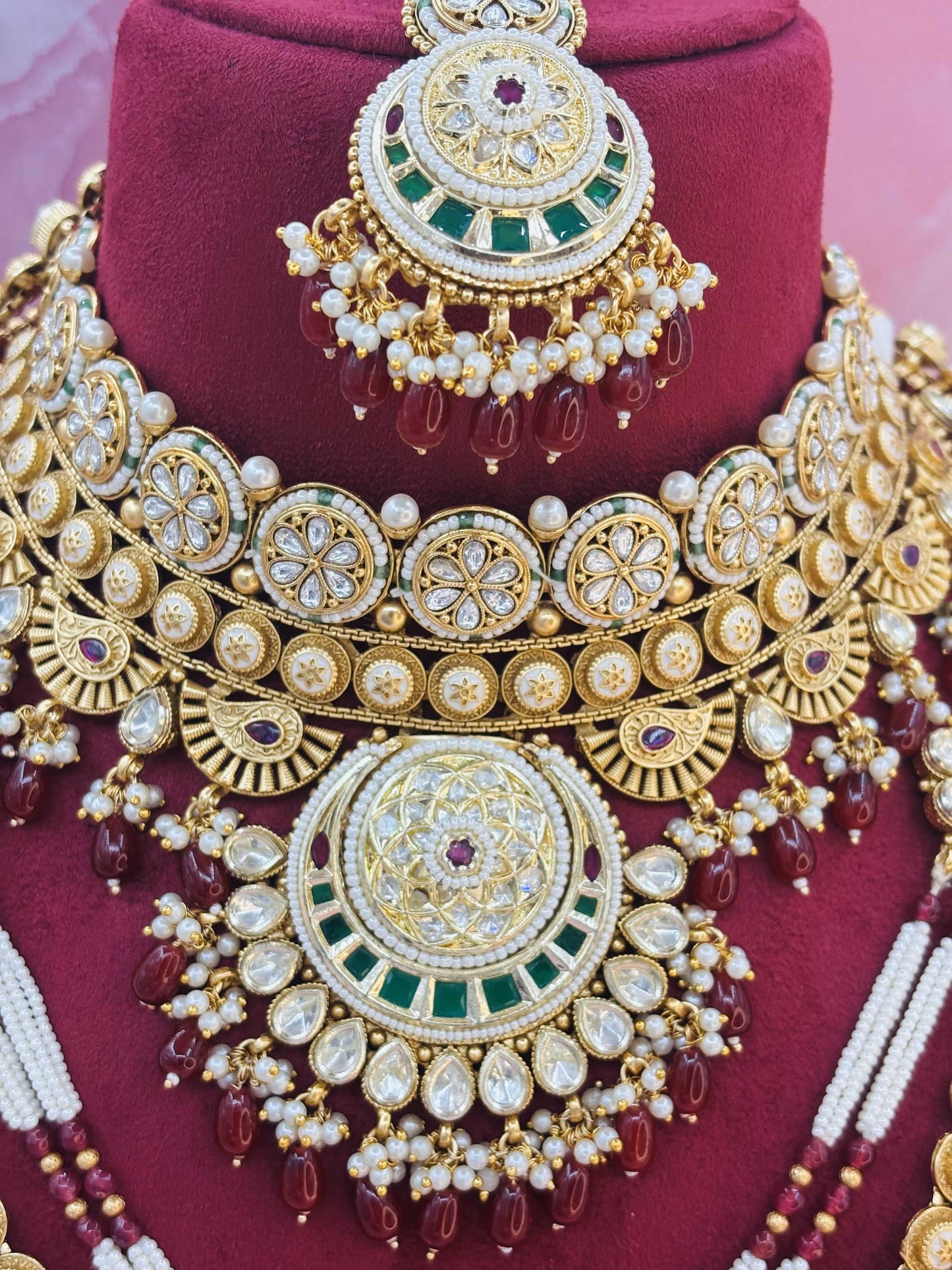 Grand Polki Bridal Set with Layered Necklace, Choker & Jhumkas