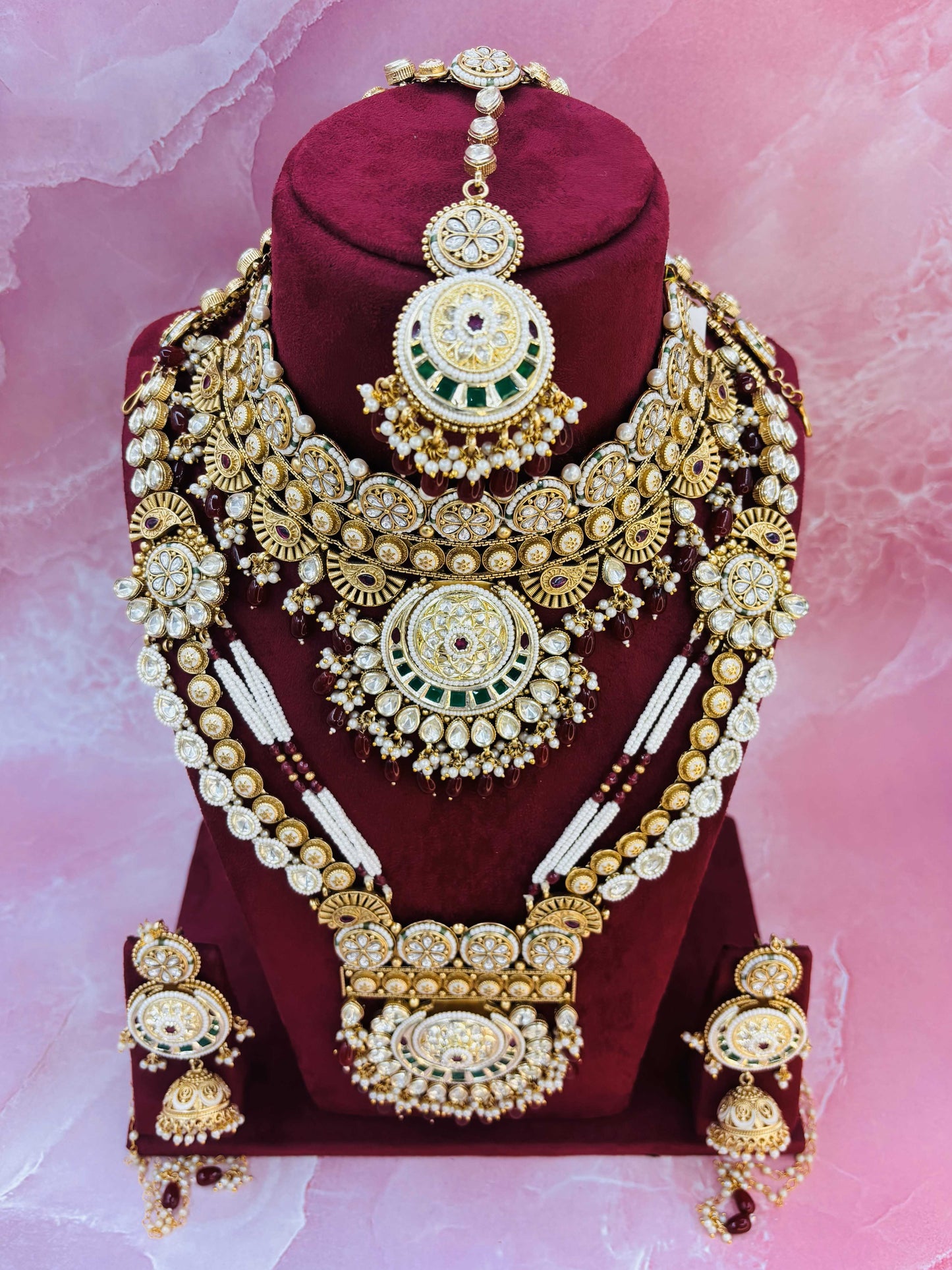 Grand Polki Bridal Set with Layered Necklace, Choker & Jhumkas