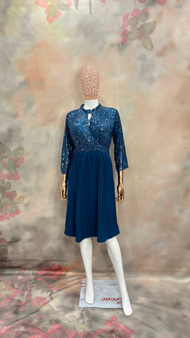 Midnight Muse – Teal Blue Sequin & Pleated Short Dress