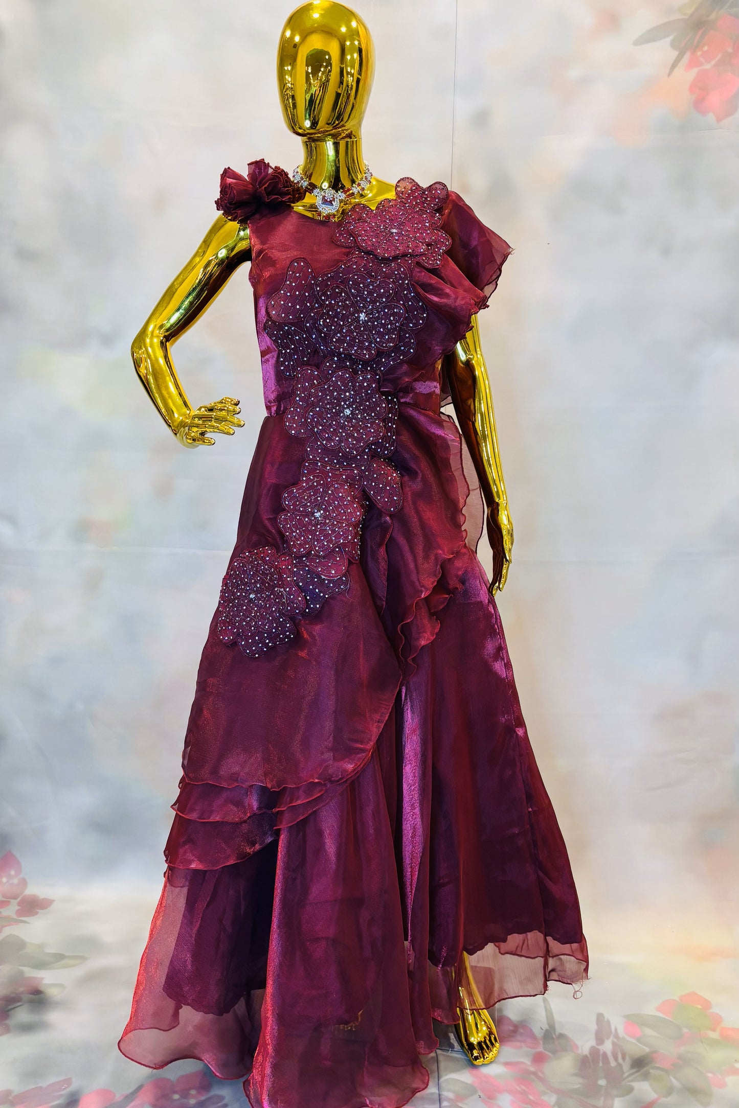 Wine Red One-Shoulder Gown with Floral Appliqué & Sparkling Details