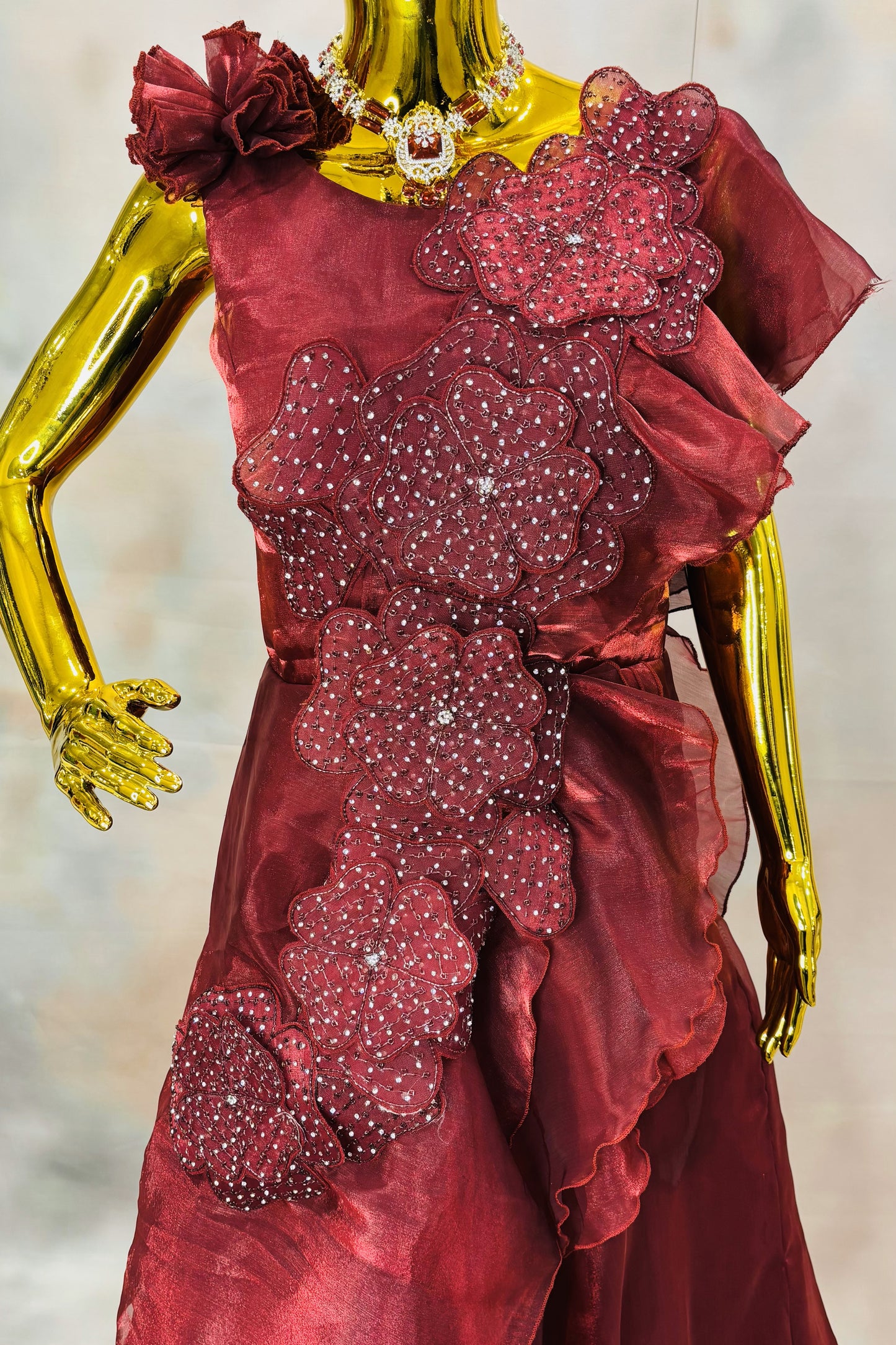 Wine Red One-Shoulder Gown with Floral Appliqué & Sparkling Details