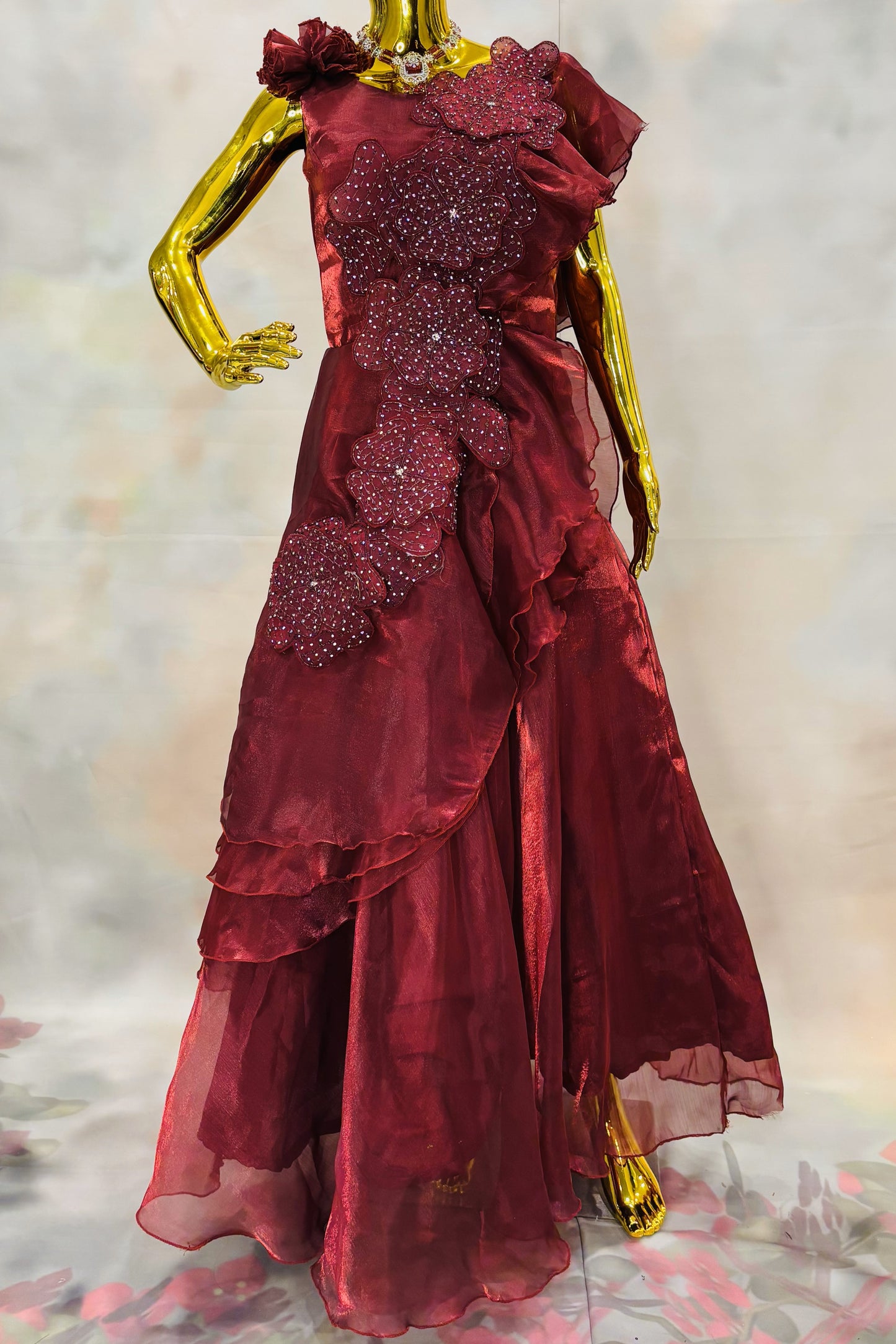 Wine Red One-Shoulder Gown with Floral Appliqué & Sparkling Details