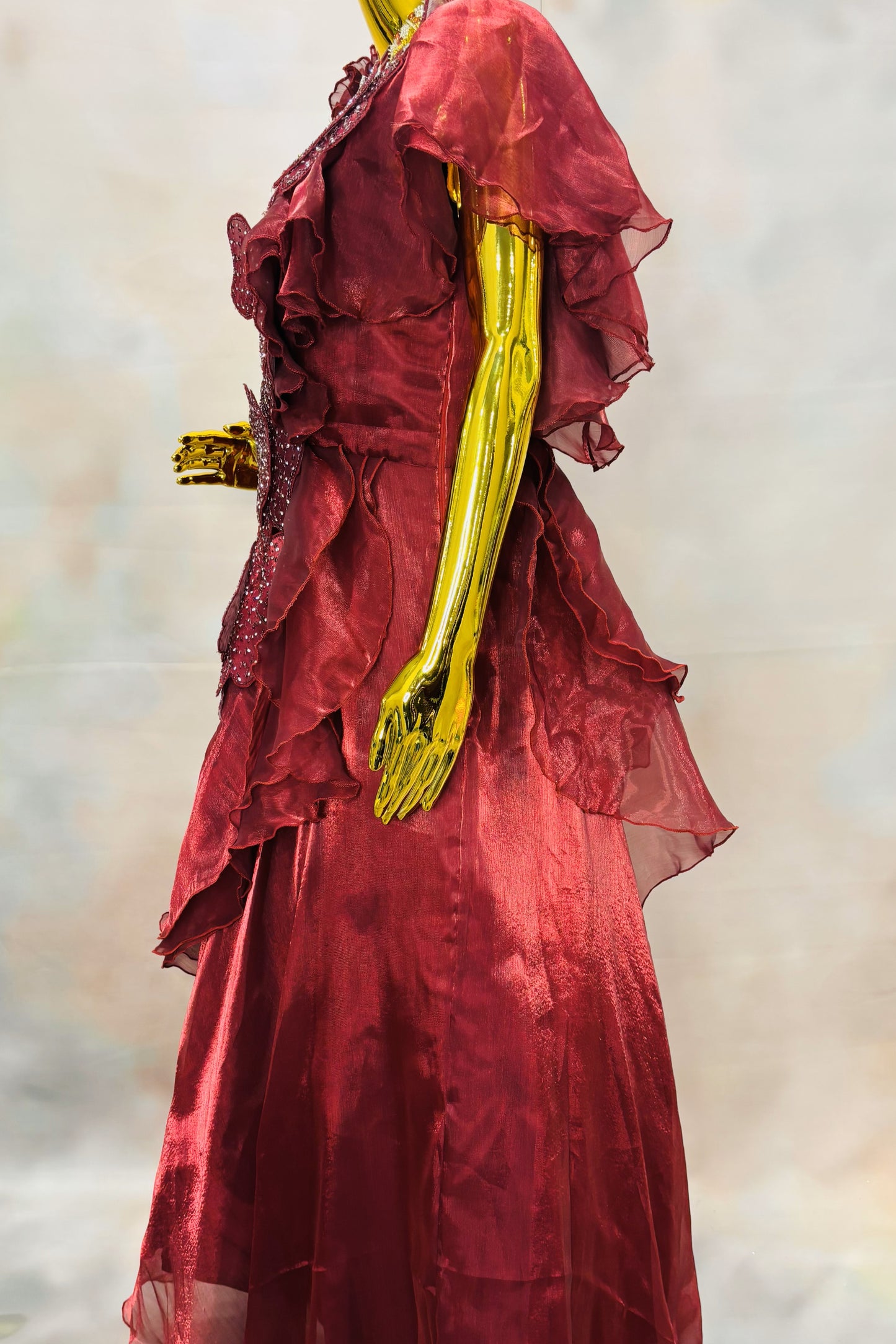 Wine Red One-Shoulder Gown with Floral Appliqué & Sparkling Details