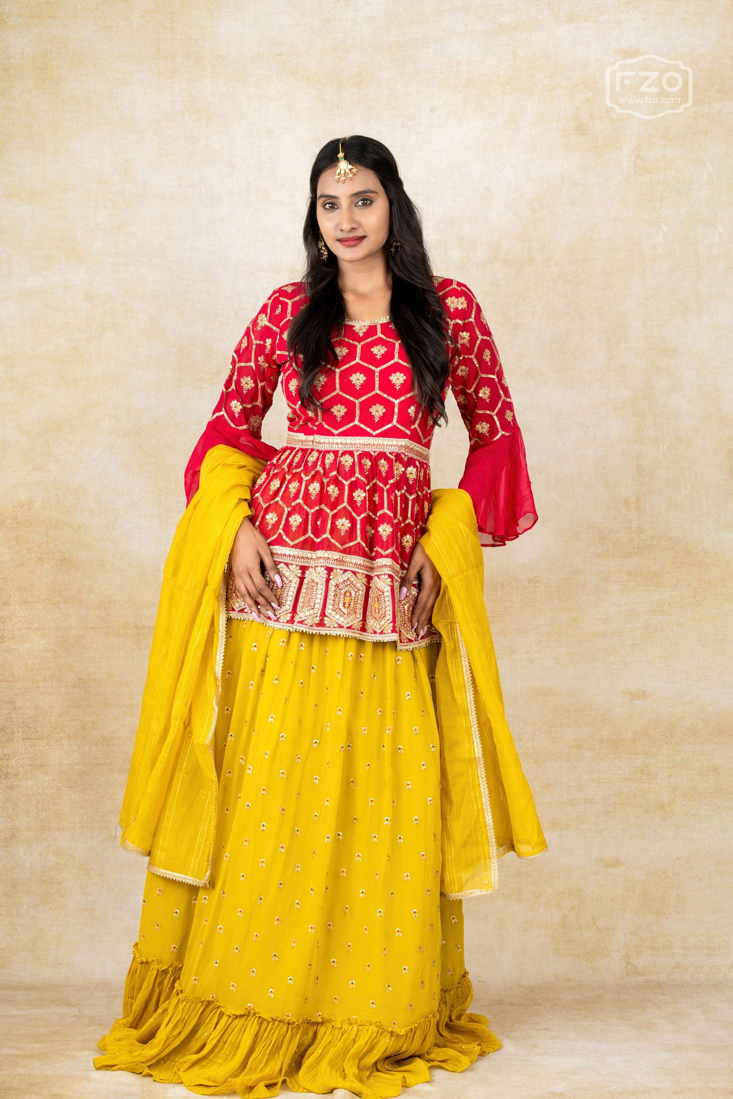 Red Peplum Top with Yellow Ruffle Lehenga & Dupatta