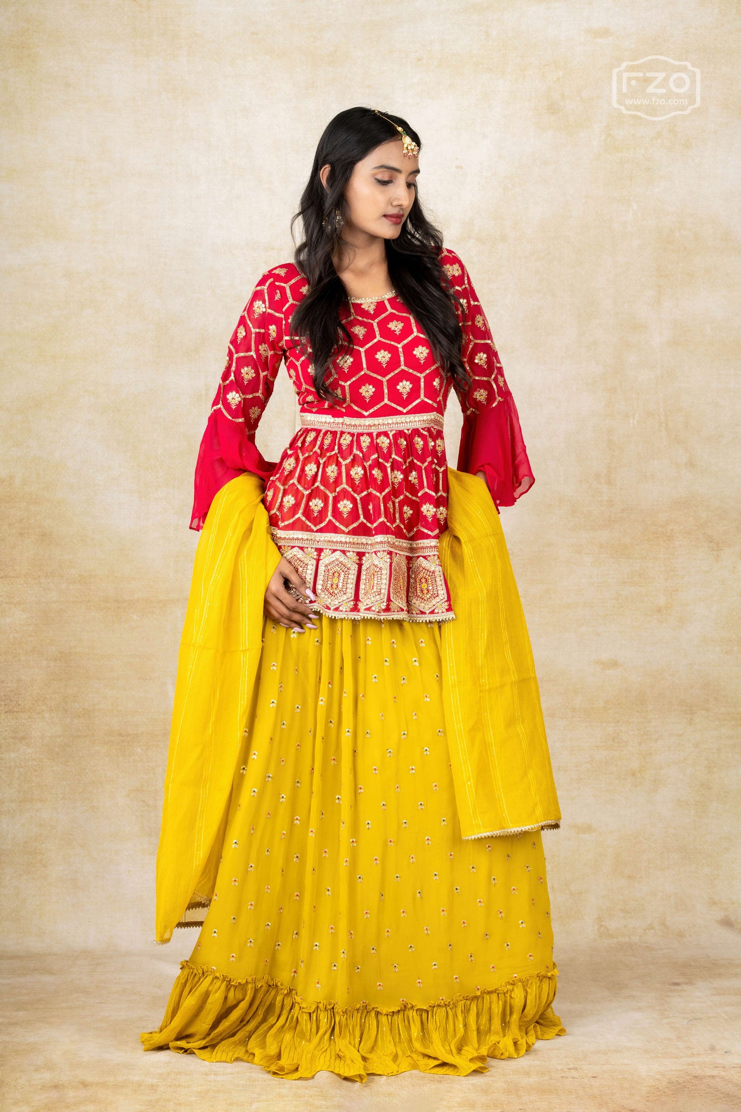 Red Peplum Top with Yellow Ruffle Lehenga & Dupatta