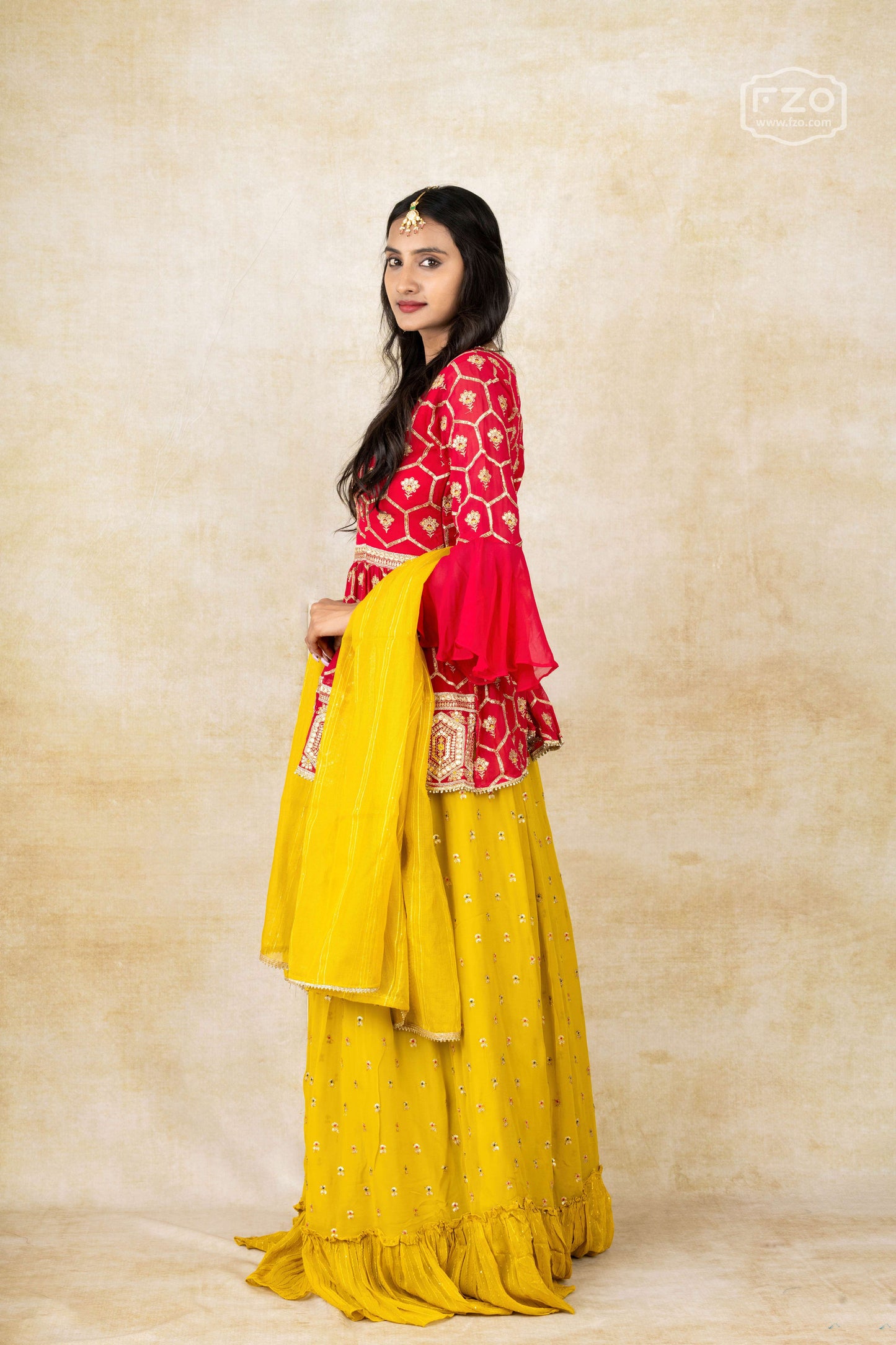 Red Peplum Top with Yellow Ruffle Lehenga & Dupatta