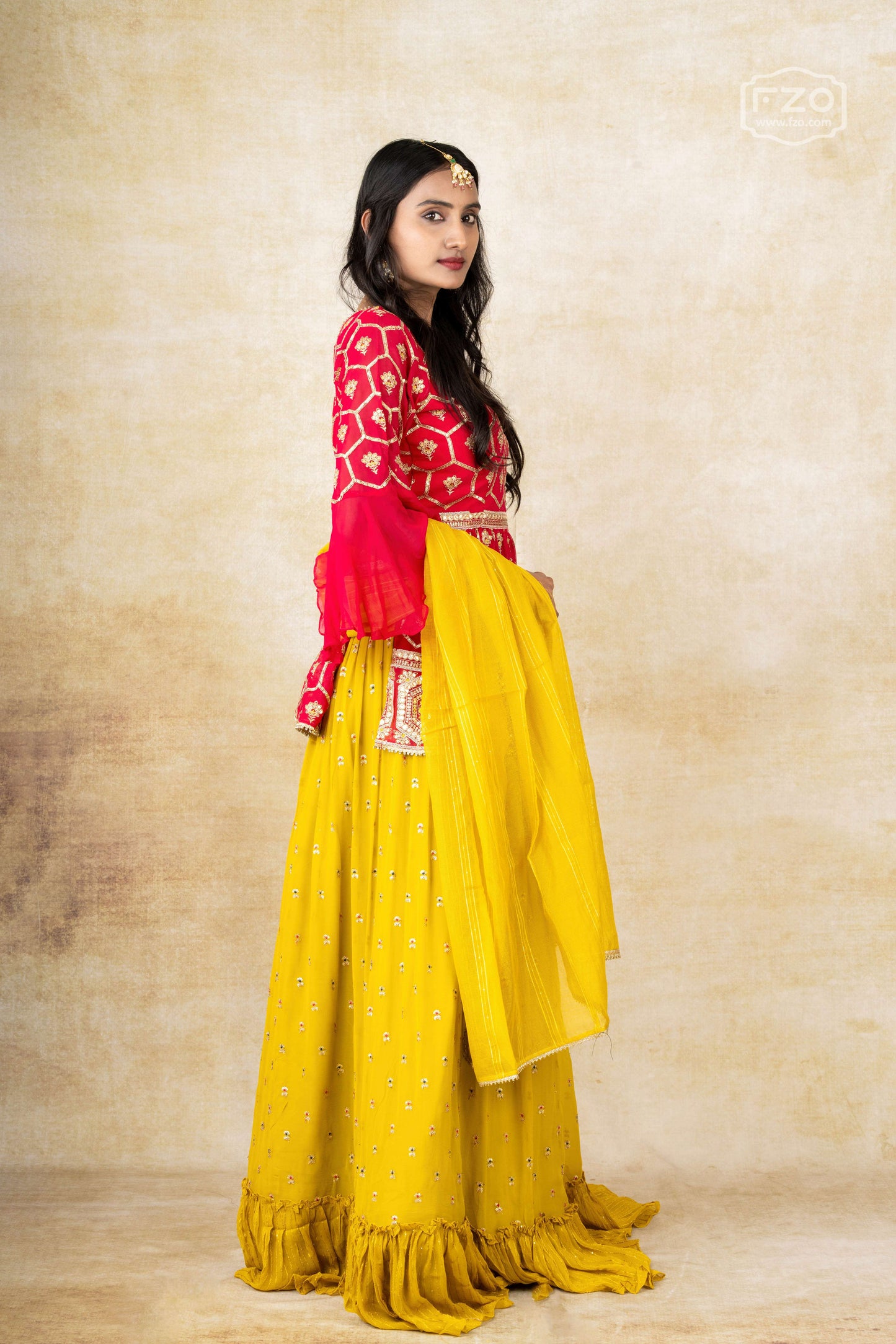 Red Peplum Top with Yellow Ruffle Lehenga & Dupatta