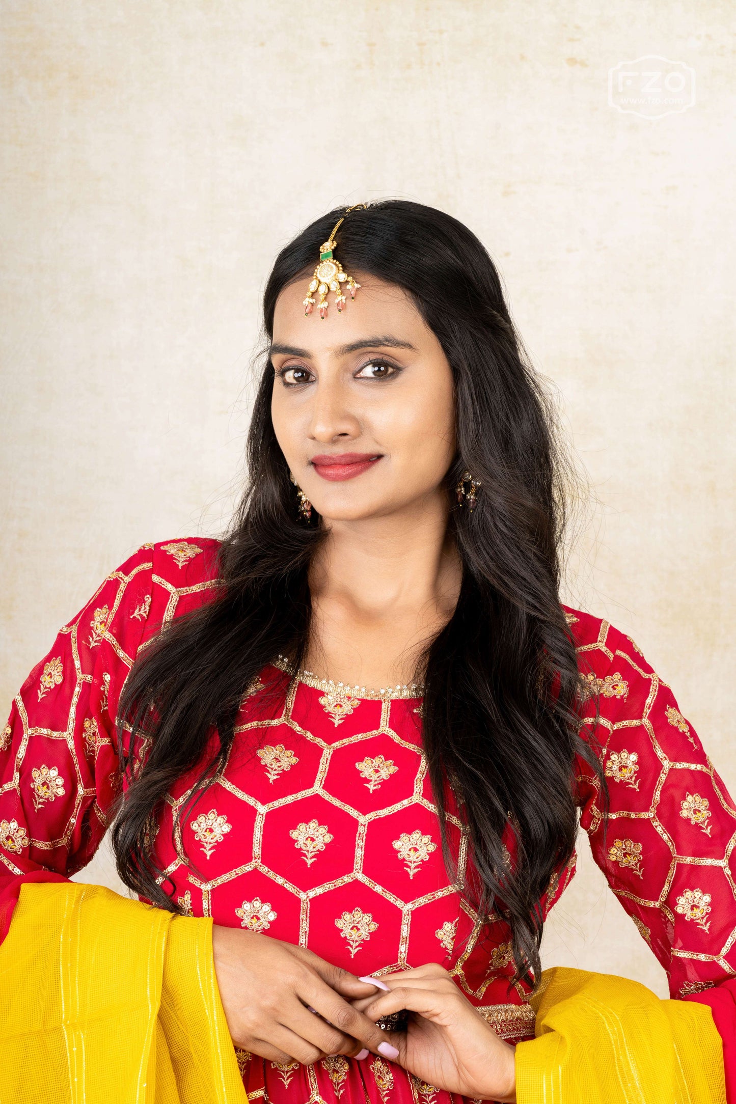 Red Peplum Top with Yellow Ruffle Lehenga & Dupatta