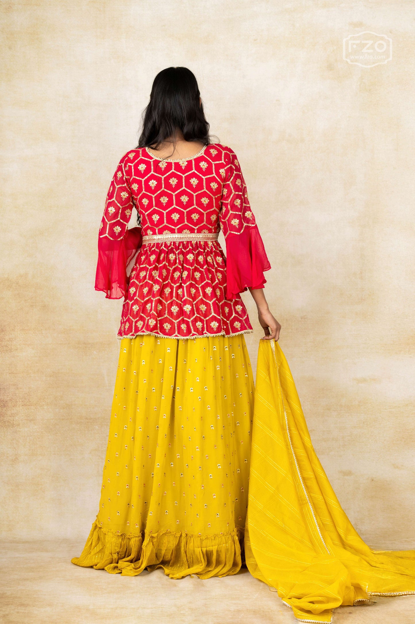Red Peplum Top with Yellow Ruffle Lehenga & Dupatta