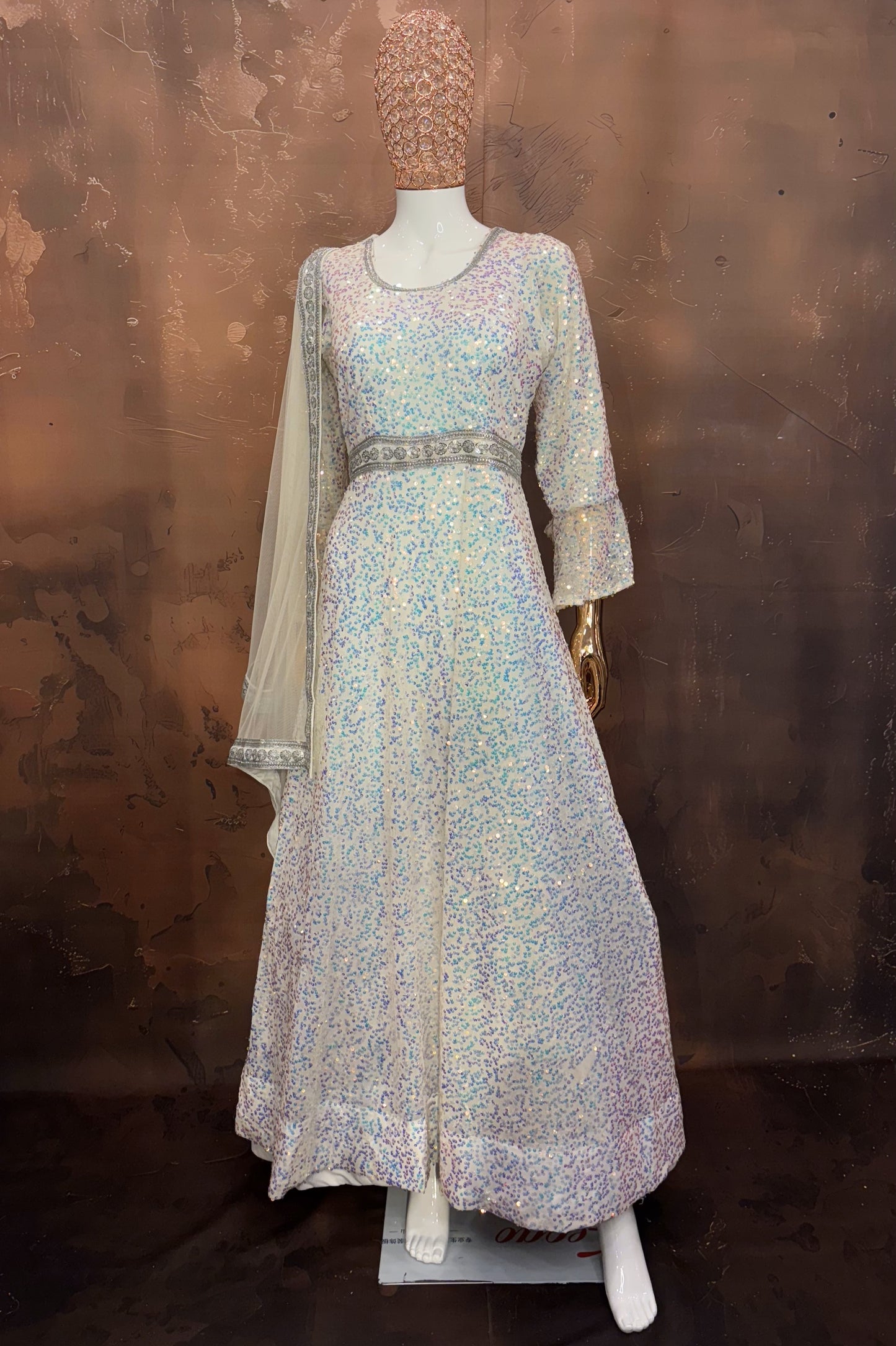 Iridescent White Sequin Gown with Silver Dupatta