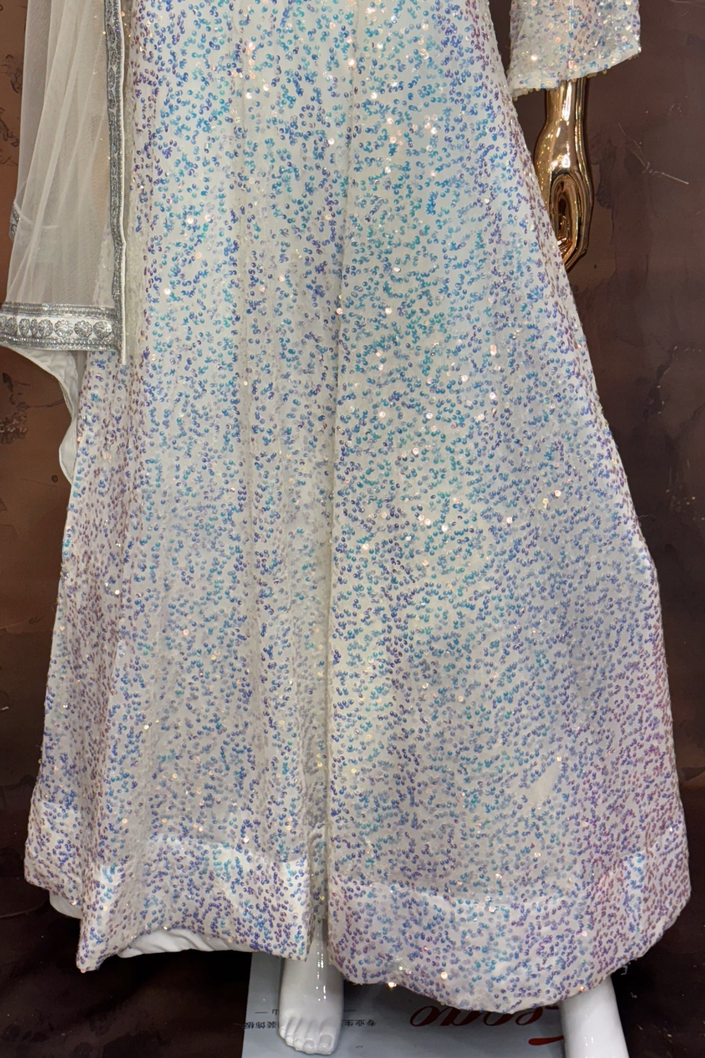 Iridescent White Sequin Gown with Silver Dupatta