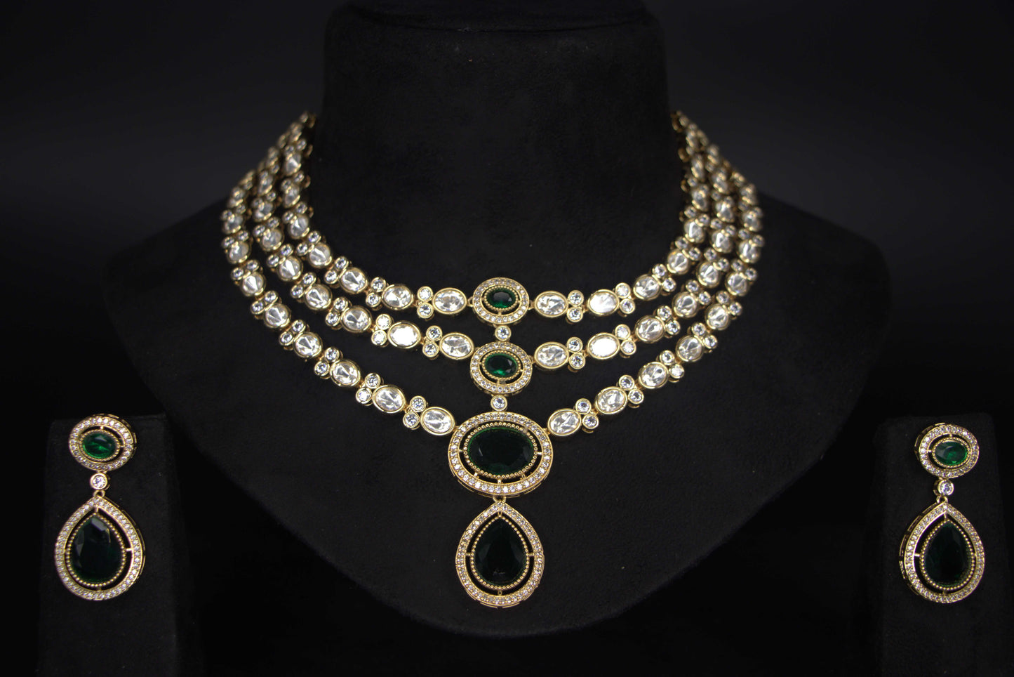 Emerald Kundan Bridal Necklace& American Diamond Necklace Set – Emerald Green Charm