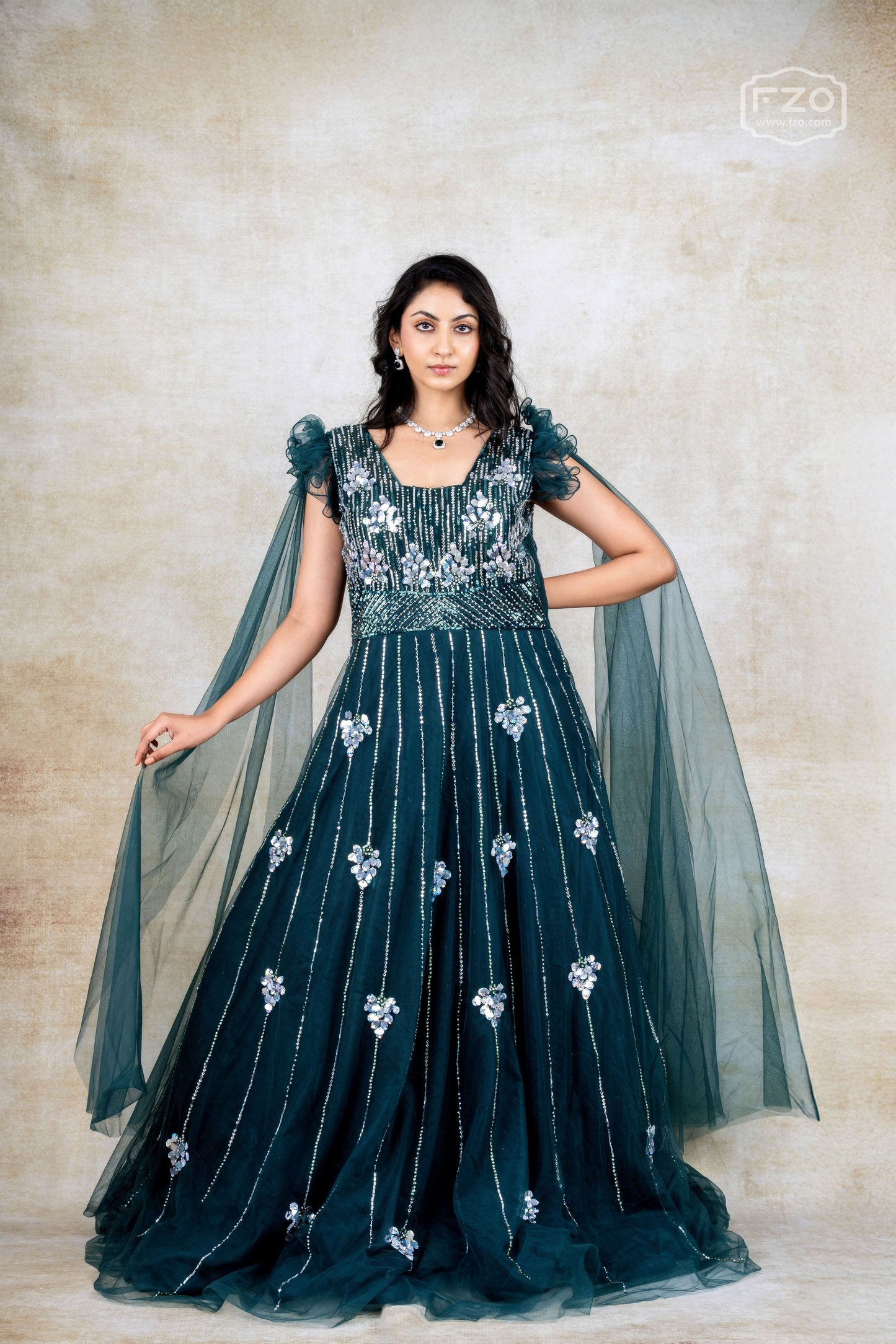 Dark Teal Embellished Gown with Dramatic Shoulder Ruffles