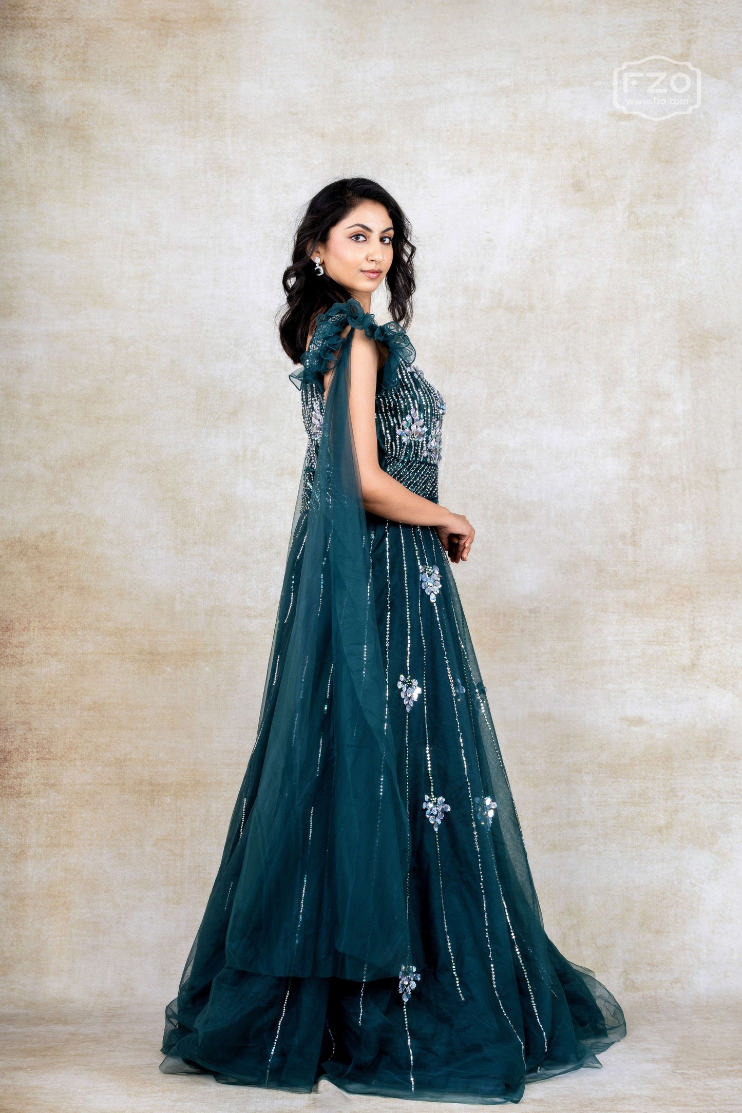 Dark Teal Embellished Gown with Dramatic Shoulder Ruffles