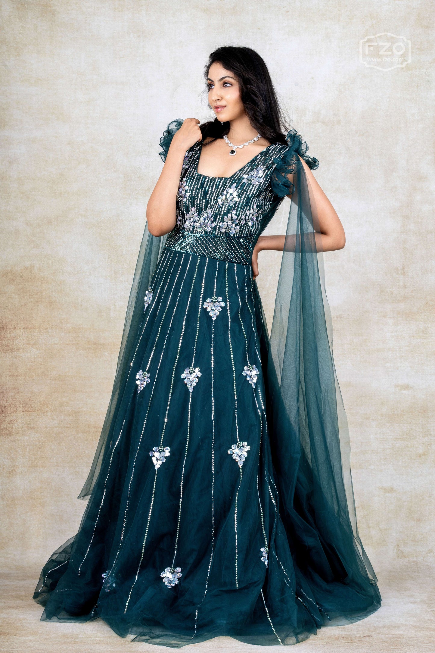 Dark Teal Embellished Gown with Dramatic Shoulder Ruffles