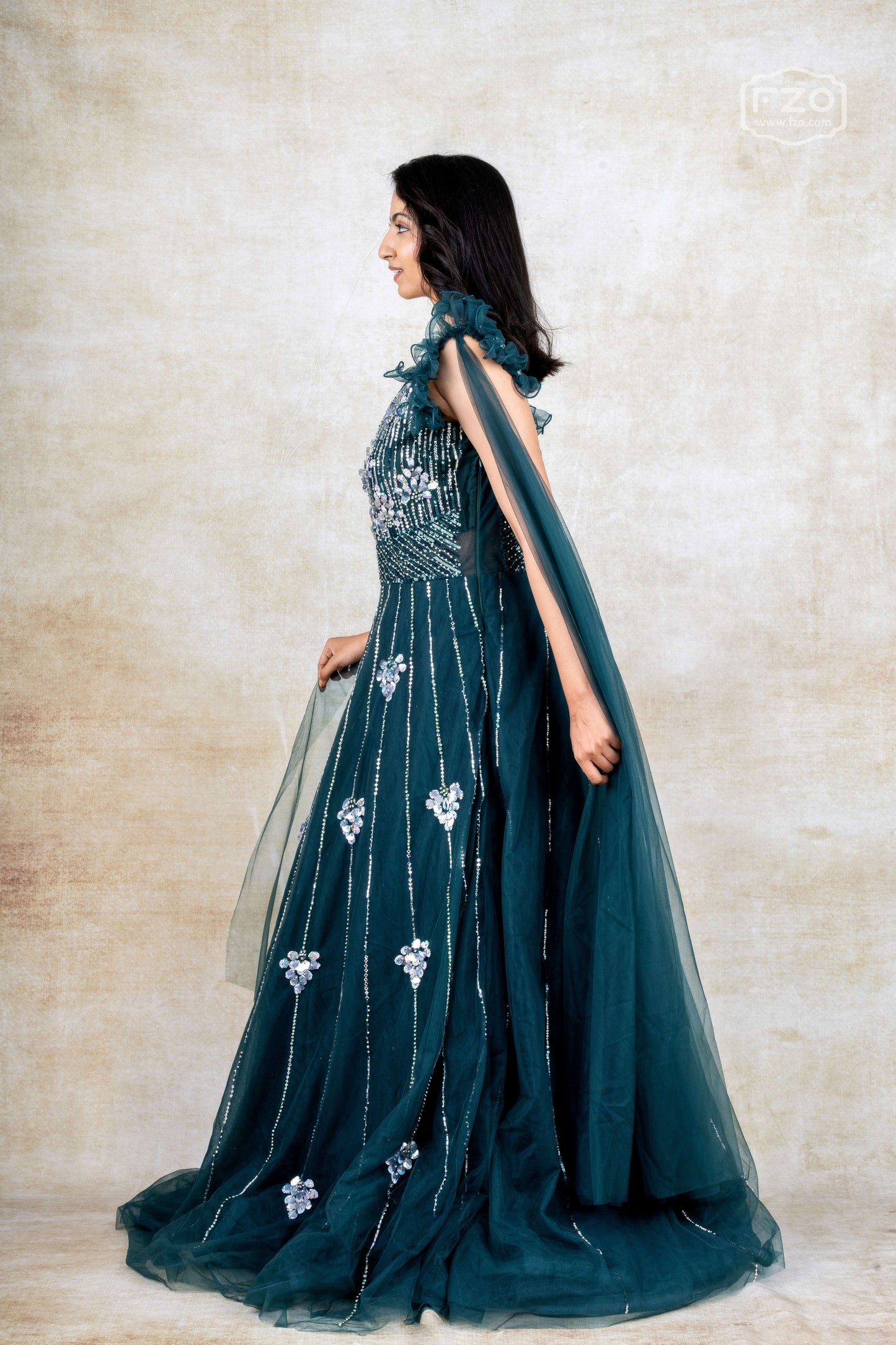 Dark Teal Embellished Gown with Dramatic Shoulder Ruffles