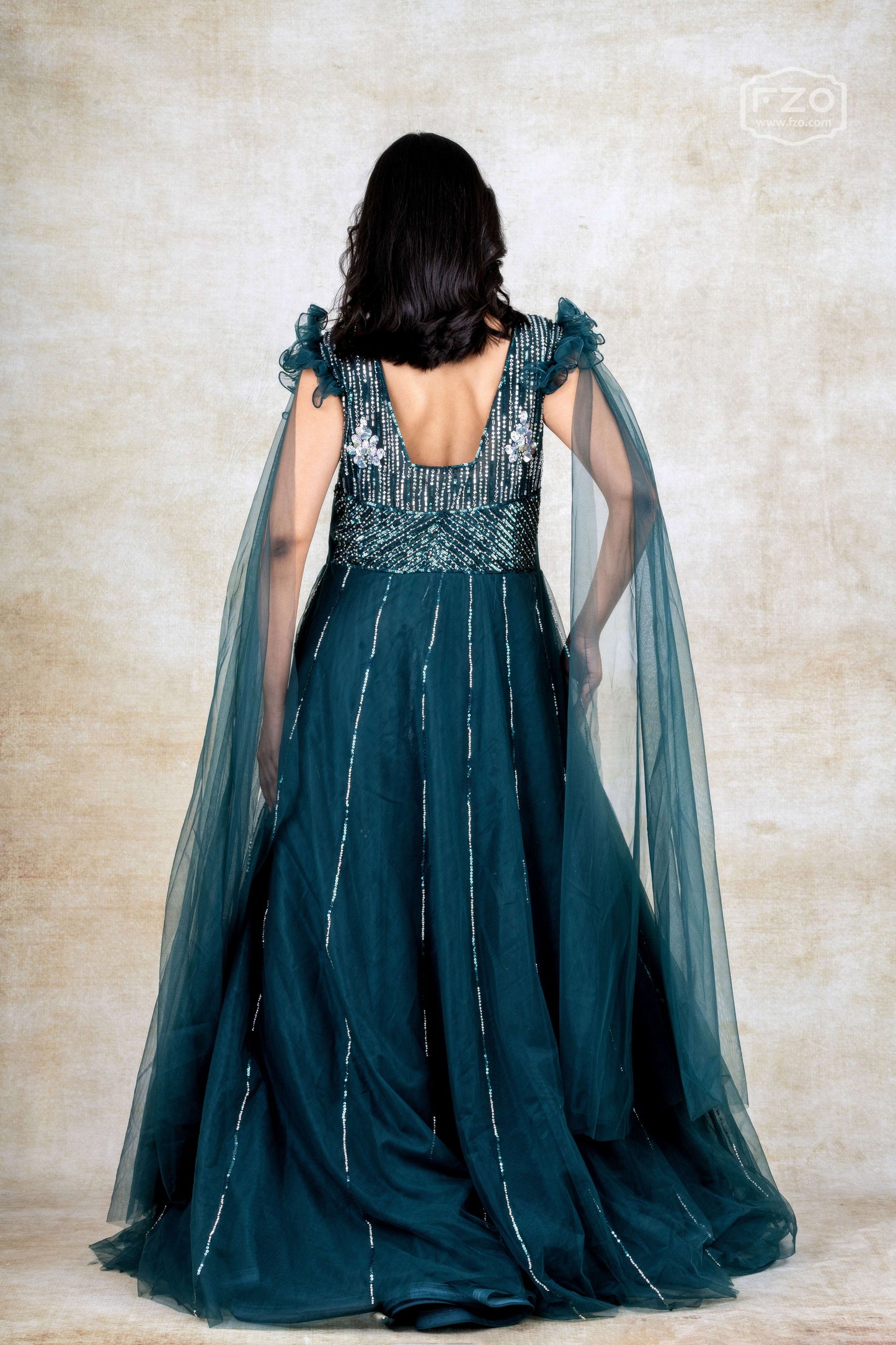 Dark Teal Embellished Gown with Dramatic Shoulder Ruffles