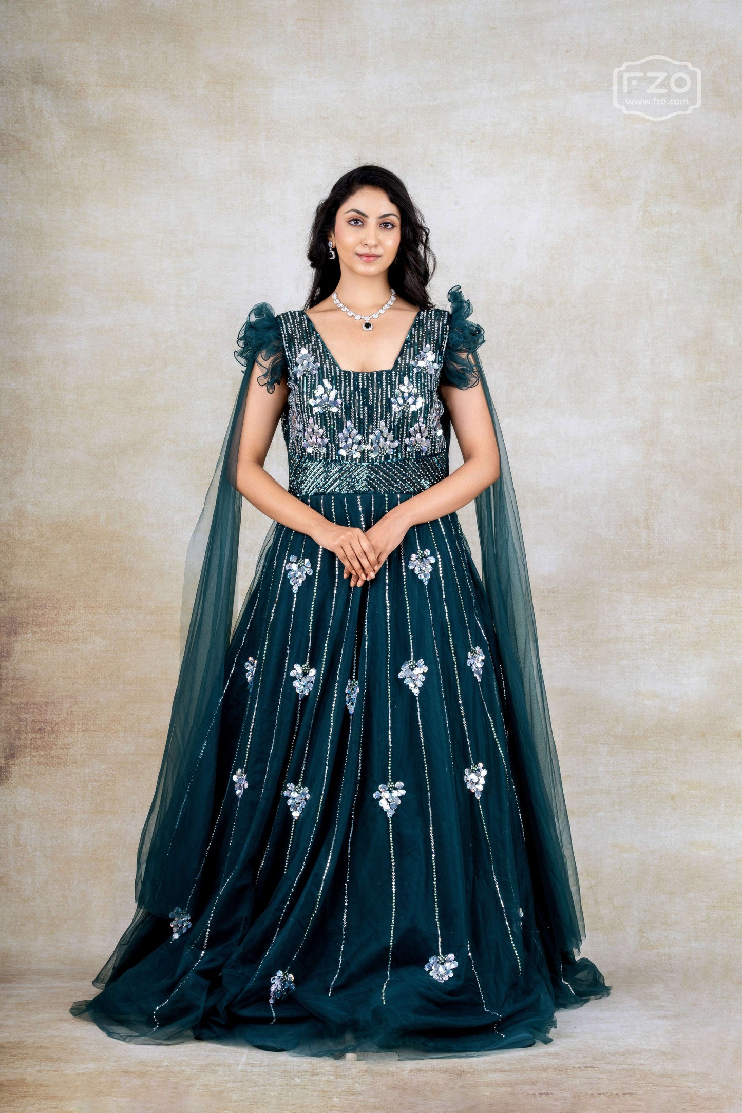 Dark Teal Embellished Gown with Dramatic Shoulder Ruffles