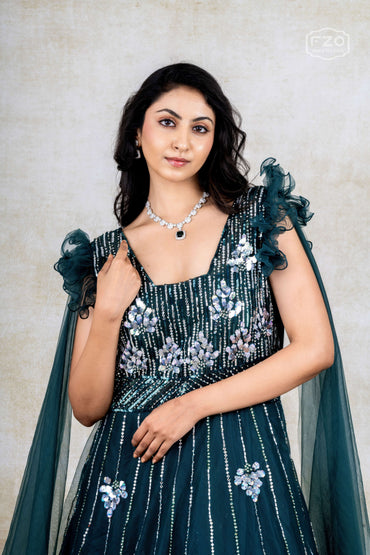 Dark Teal Embellished Gown with Dramatic Shoulder Ruffles