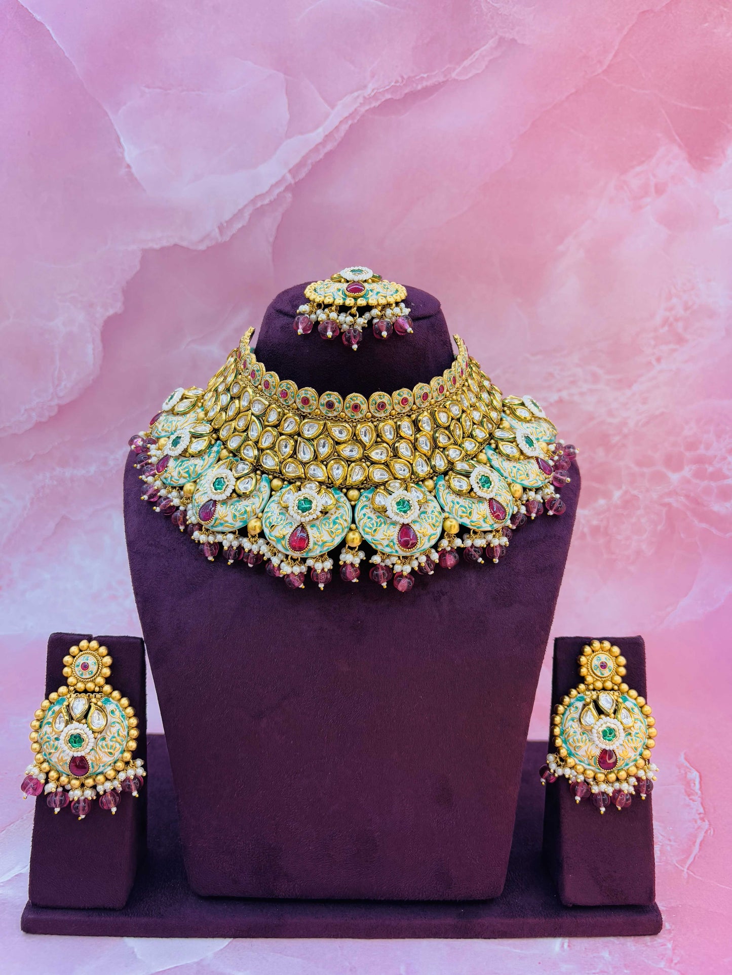 Gulnaar Enamel Choker Set with Ruby Beads & Maang Tikka