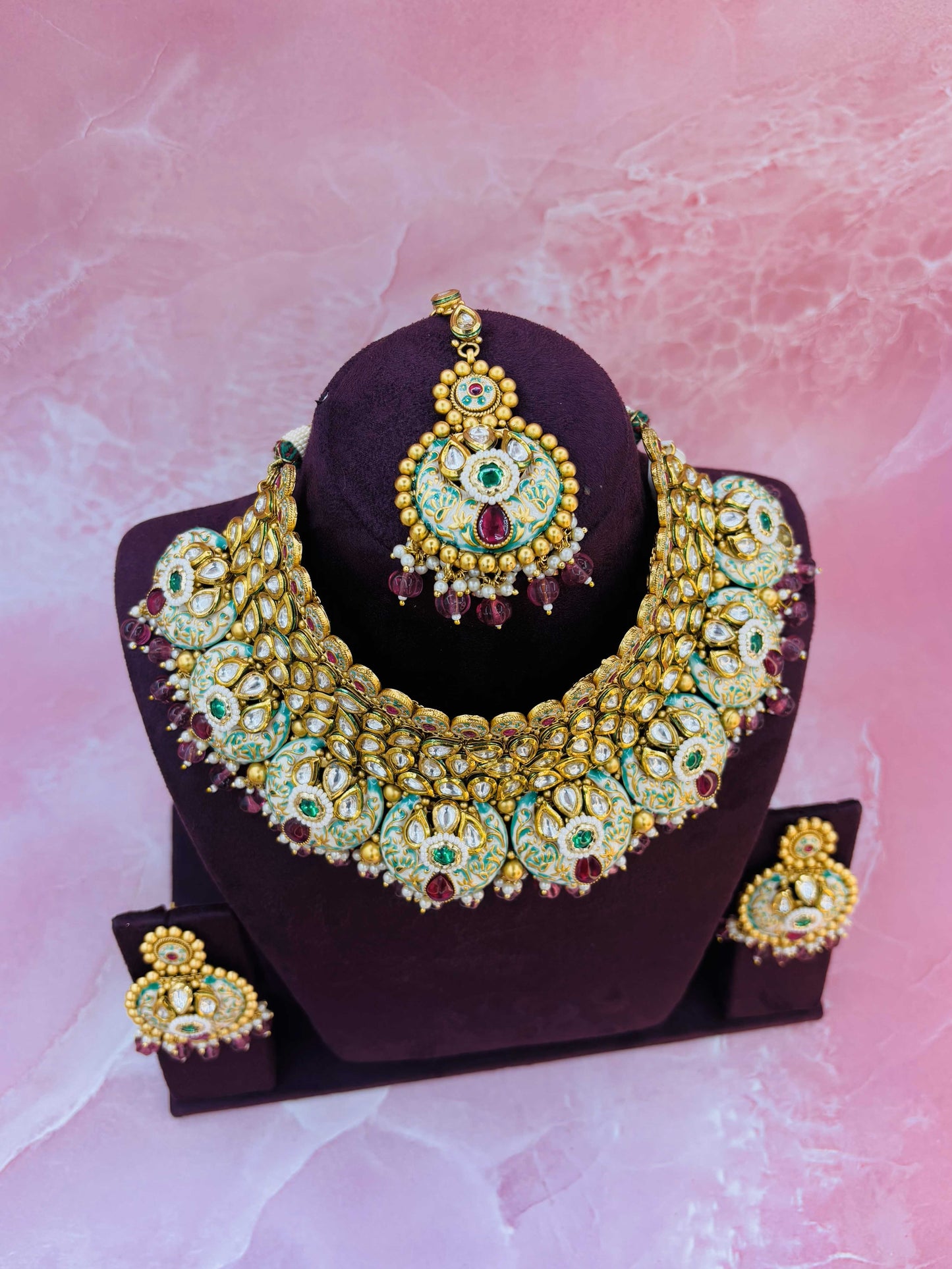 Gulnaar Enamel Choker Set with Ruby Beads & Maang Tikka