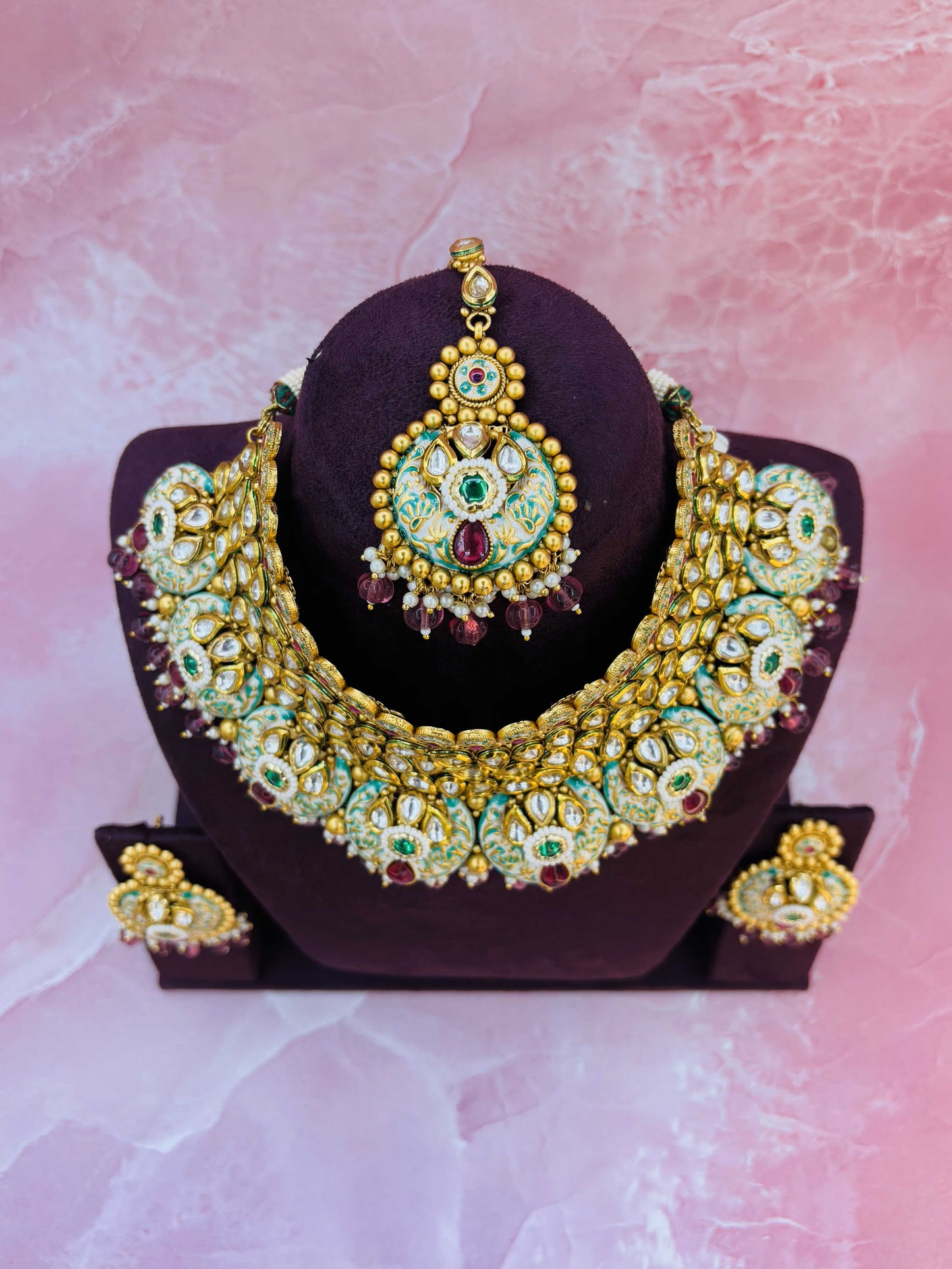 Gulnaar Enamel Choker Set with Ruby Beads & Maang Tikka