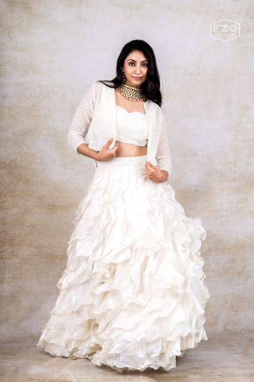 Ivory Ruffle Lehenga – Modern Layered Bridal & Party Wear