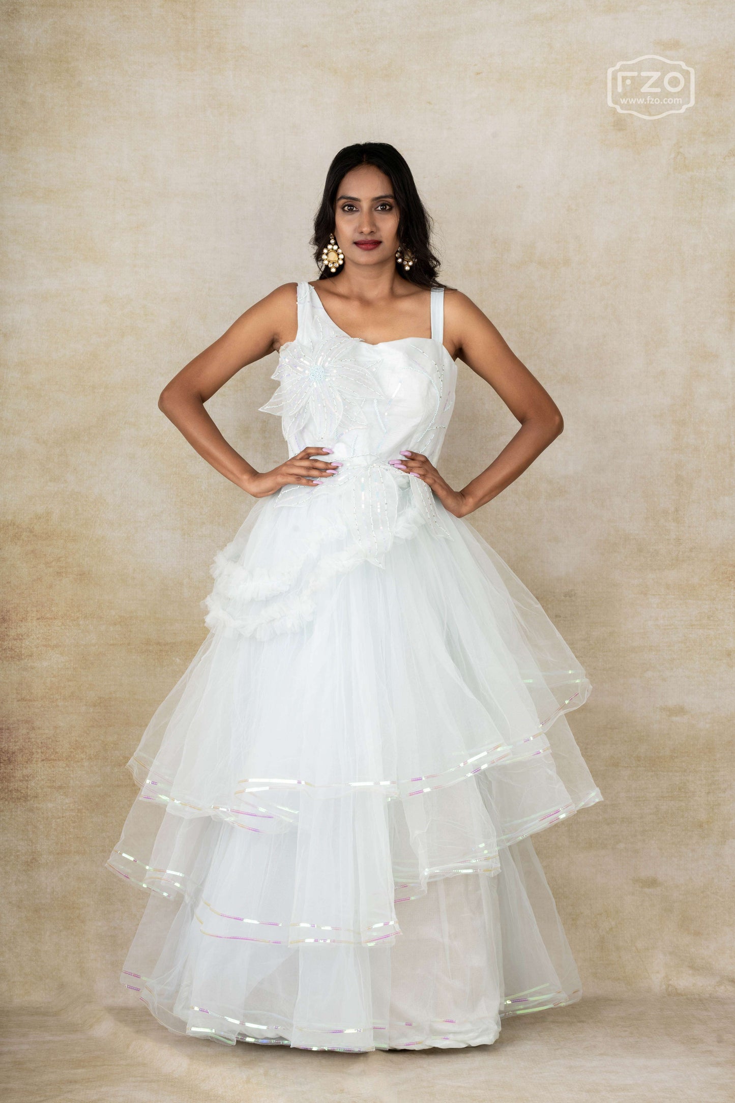 Frosted Bloom – White One-Shoulder Layered Gown