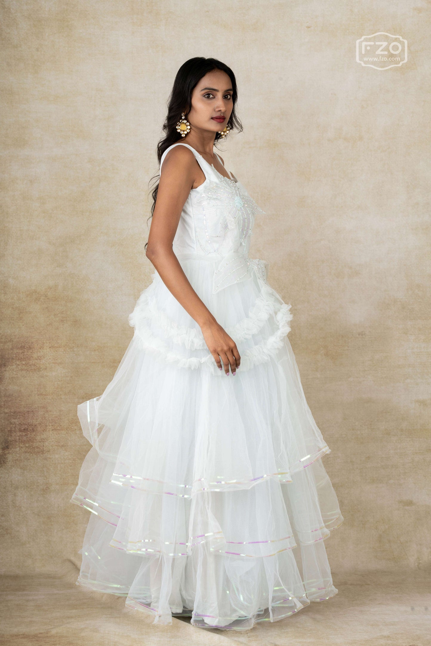 Frosted Bloom – White One-Shoulder Layered Gown