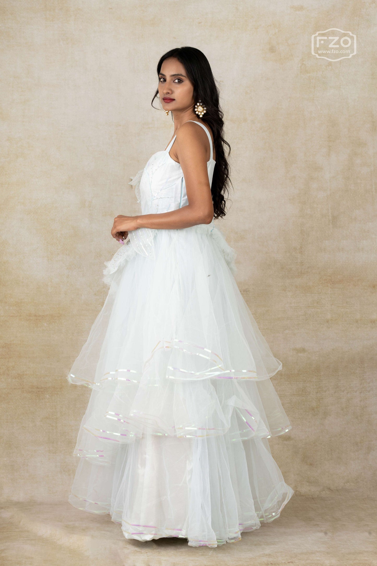 Frosted Bloom – White One-Shoulder Layered Gown