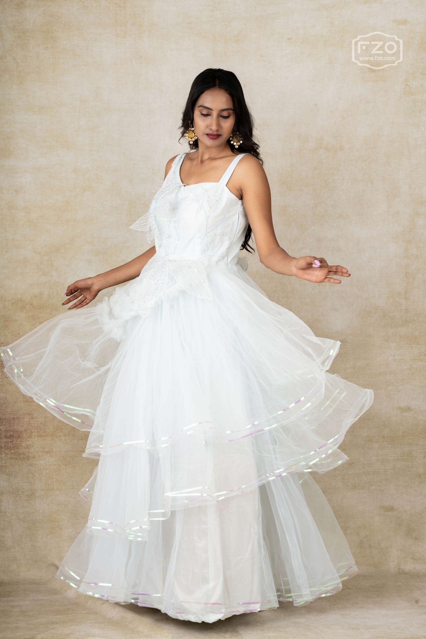 Frosted Bloom – White One-Shoulder Layered Gown