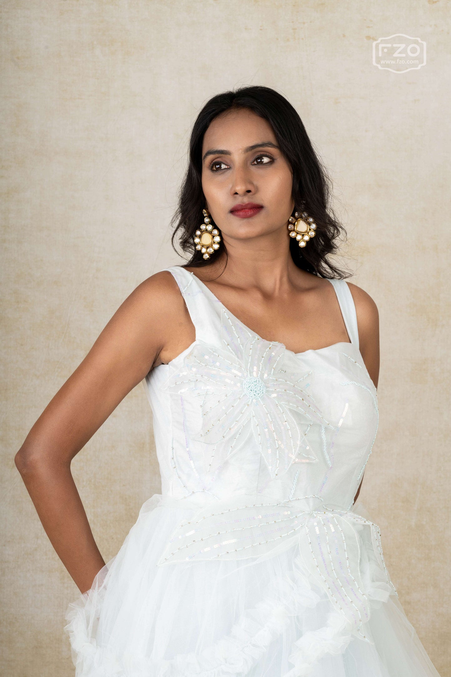 Frosted Bloom – White One-Shoulder Layered Gown