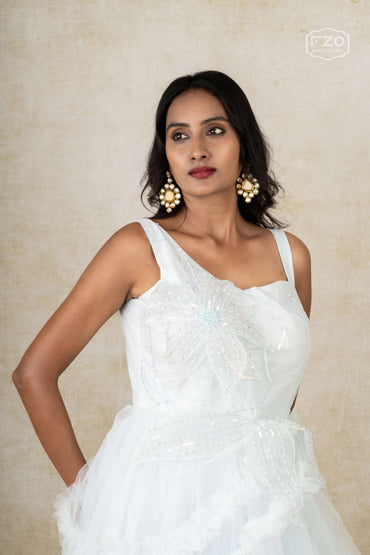 Frosted Bloom – White One-Shoulder Layered Gown