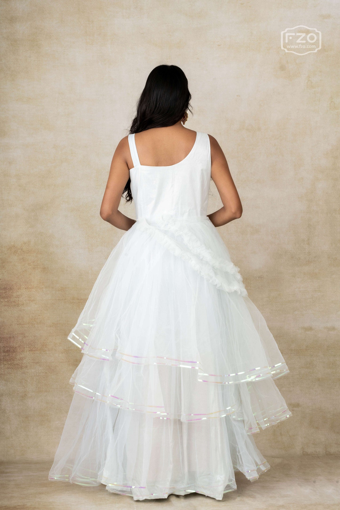 Frosted Bloom – White One-Shoulder Layered Gown