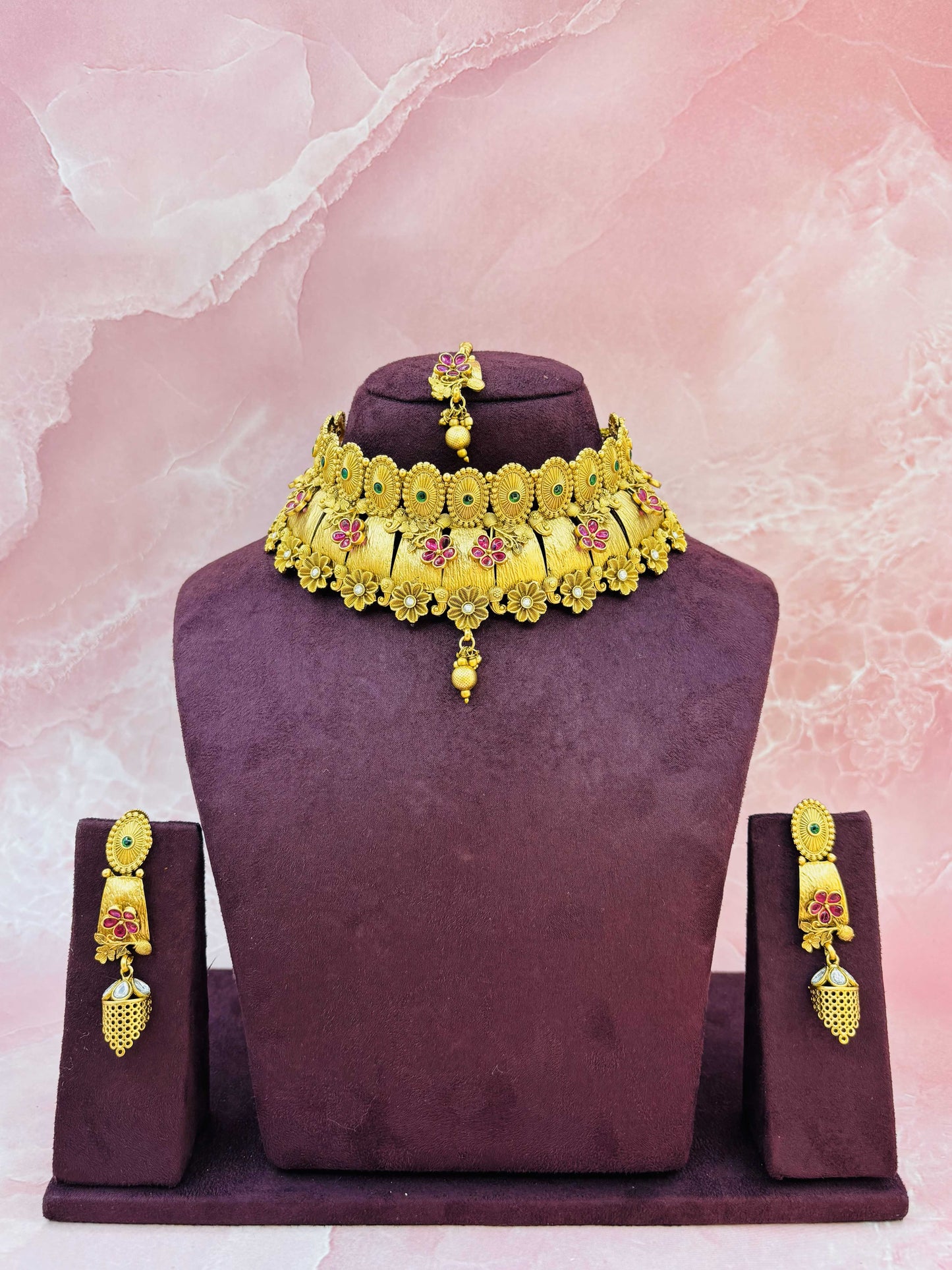 Gold Floral Choker with Pink Accents and Jhumka Earrings