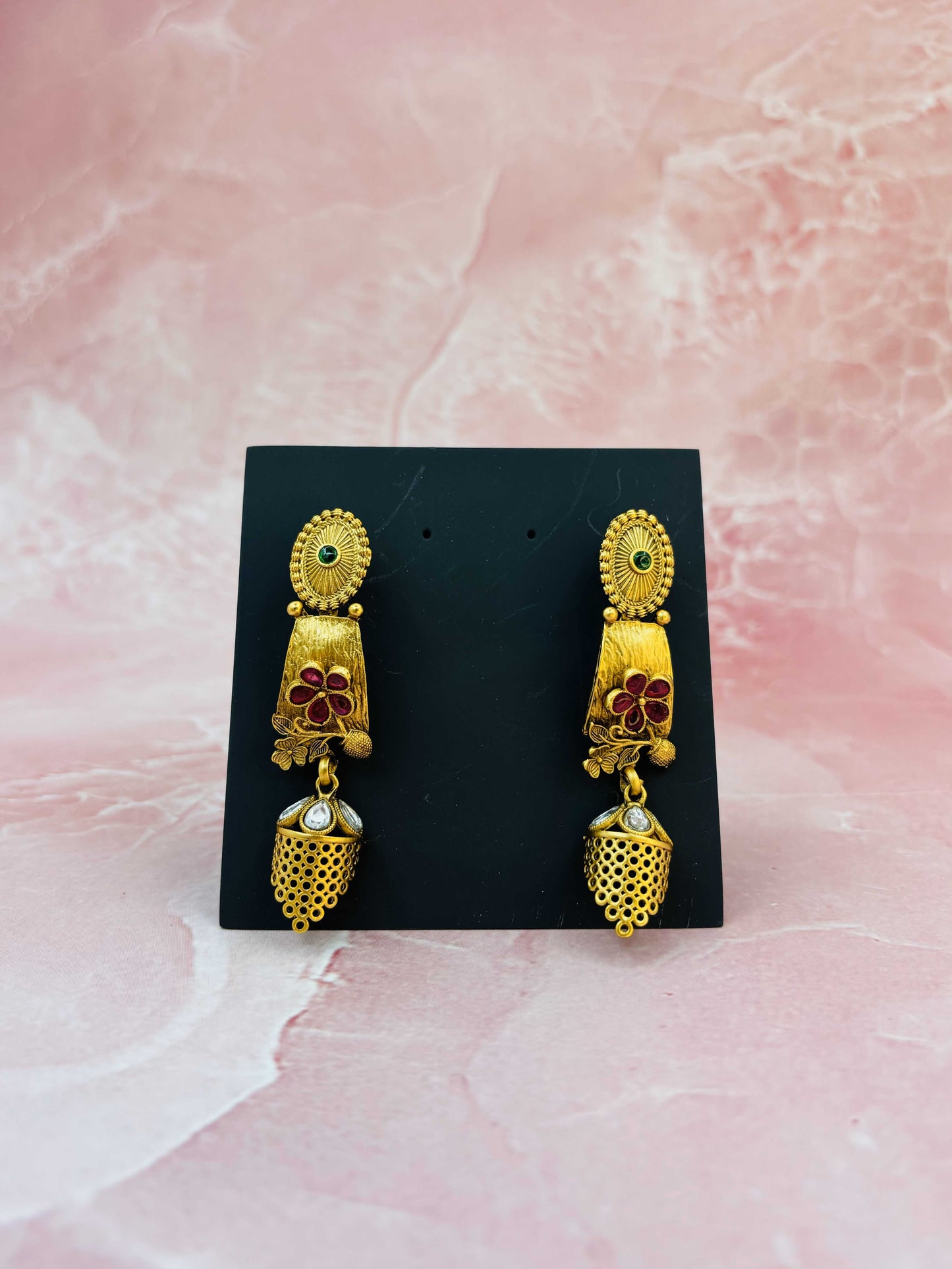 Gold Floral Choker with Pink Accents and Jhumka Earrings