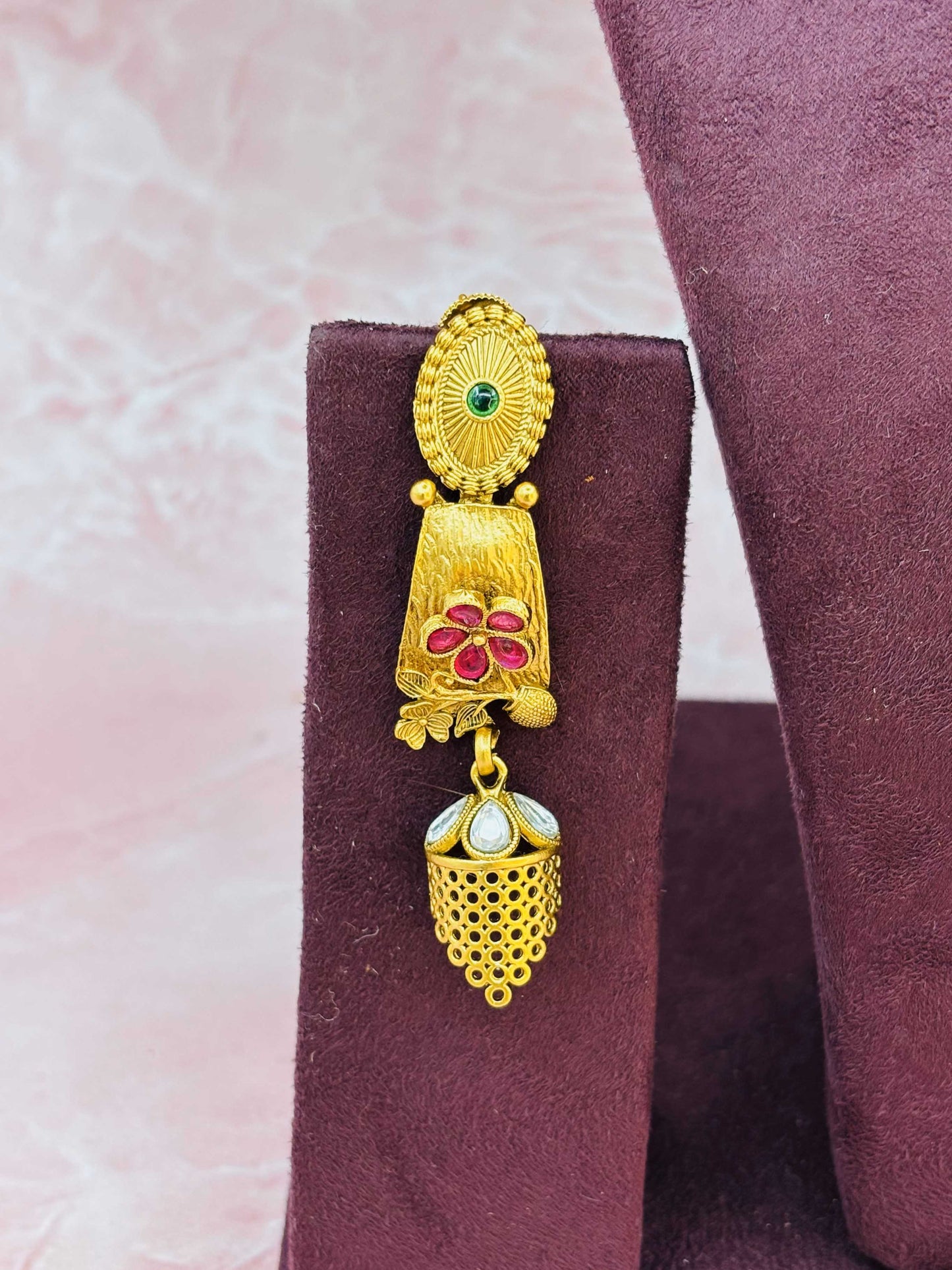 Gold Floral Choker with Pink Accents and Jhumka Earrings