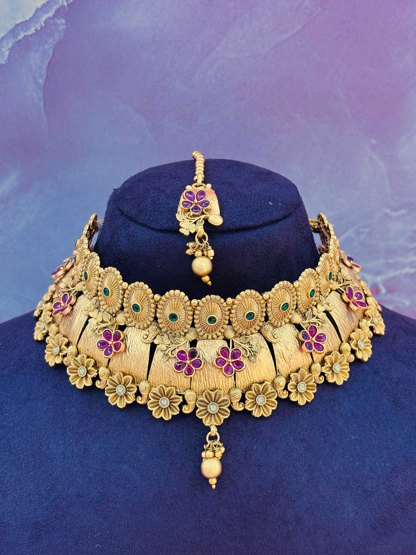 Gold Floral Choker with Pink Accents and Jhumka Earrings